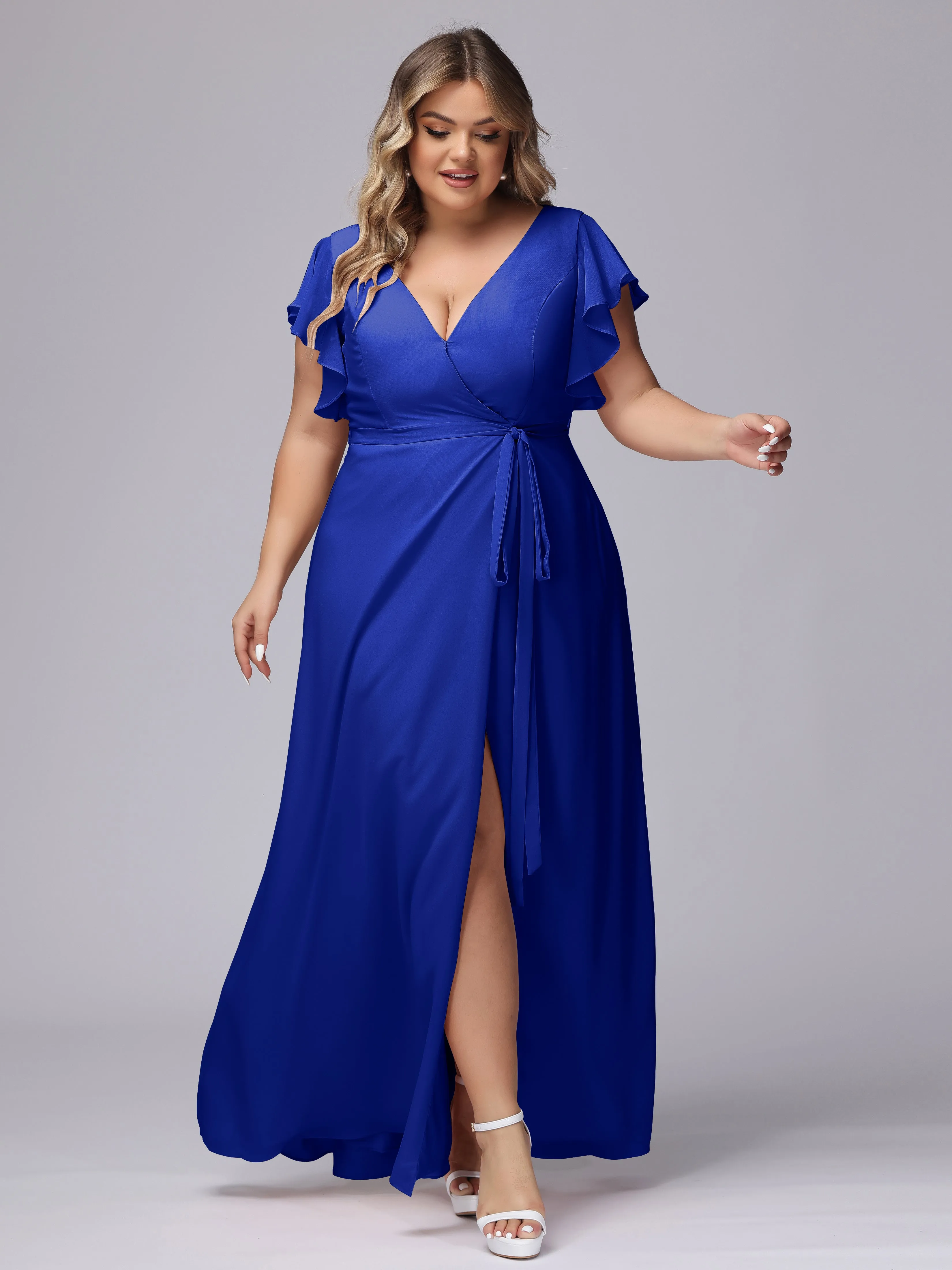 Simple V-neck Ruffled Sleeves Plus Size Chiffon Bridesmaid Dress