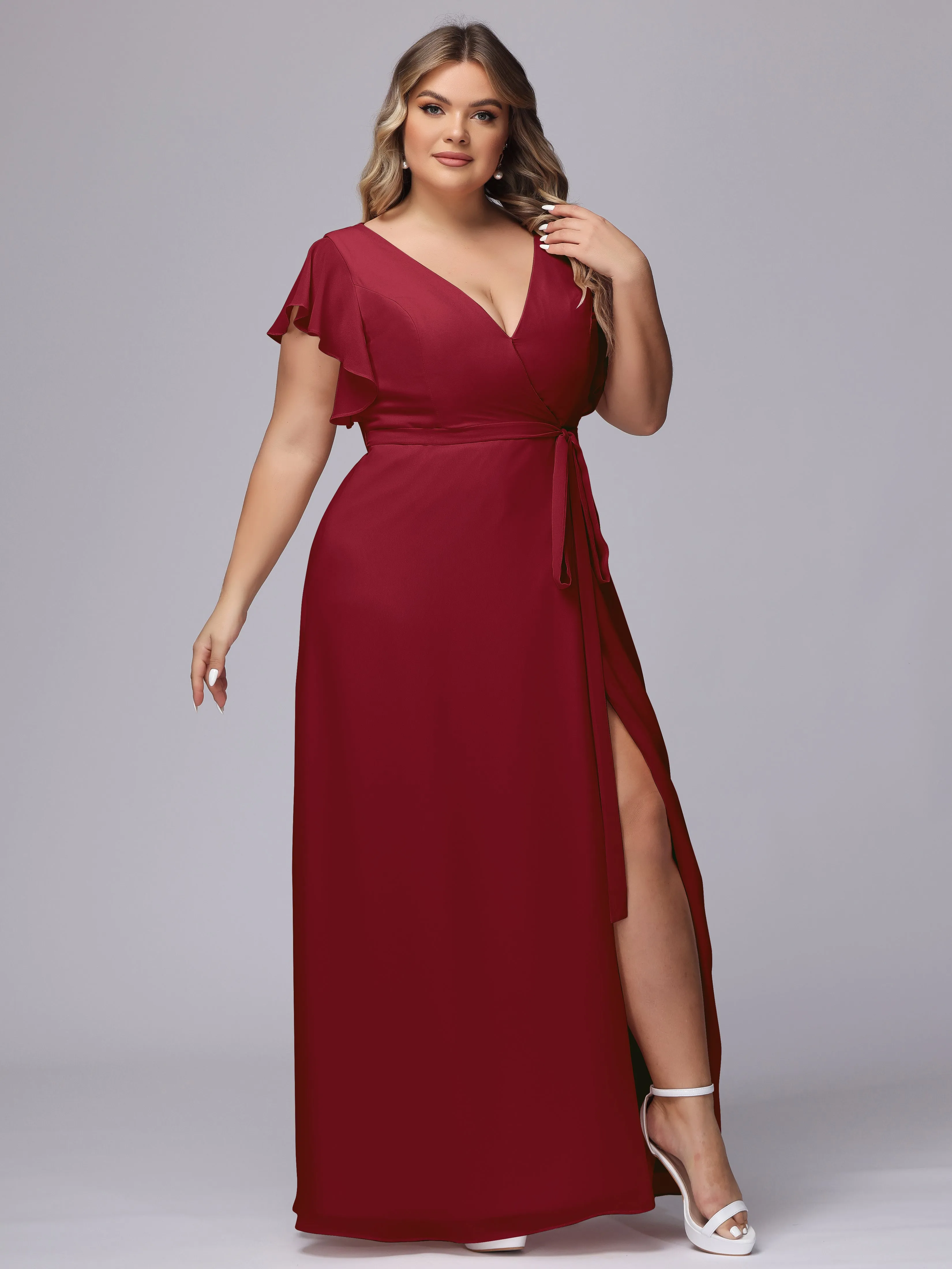 Simple V-neck Ruffled Sleeves Plus Size Chiffon Bridesmaid Dress