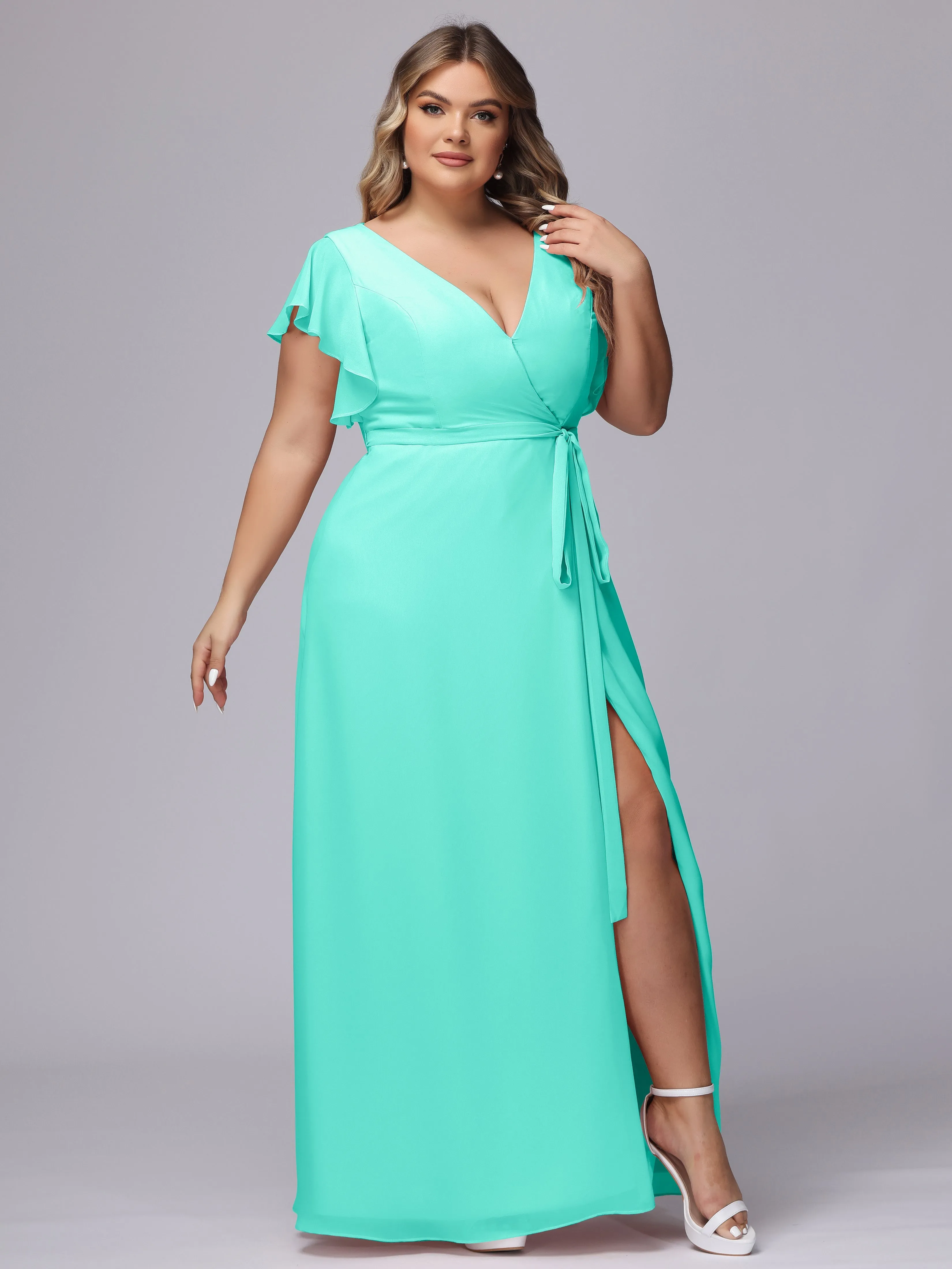Simple V-neck Ruffled Sleeves Plus Size Chiffon Bridesmaid Dress