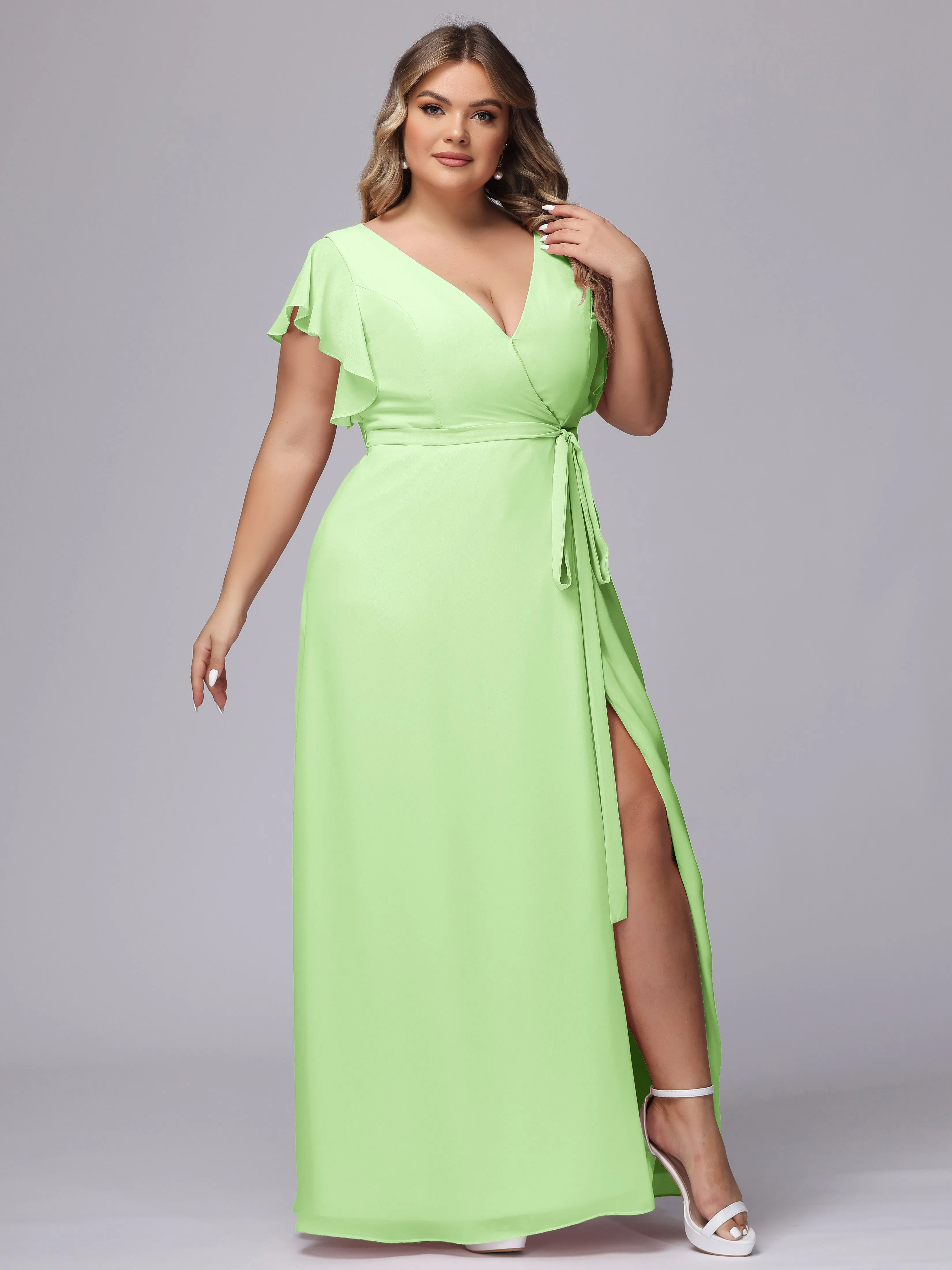 Simple V-neck Ruffled Sleeves Plus Size Chiffon Bridesmaid Dress
