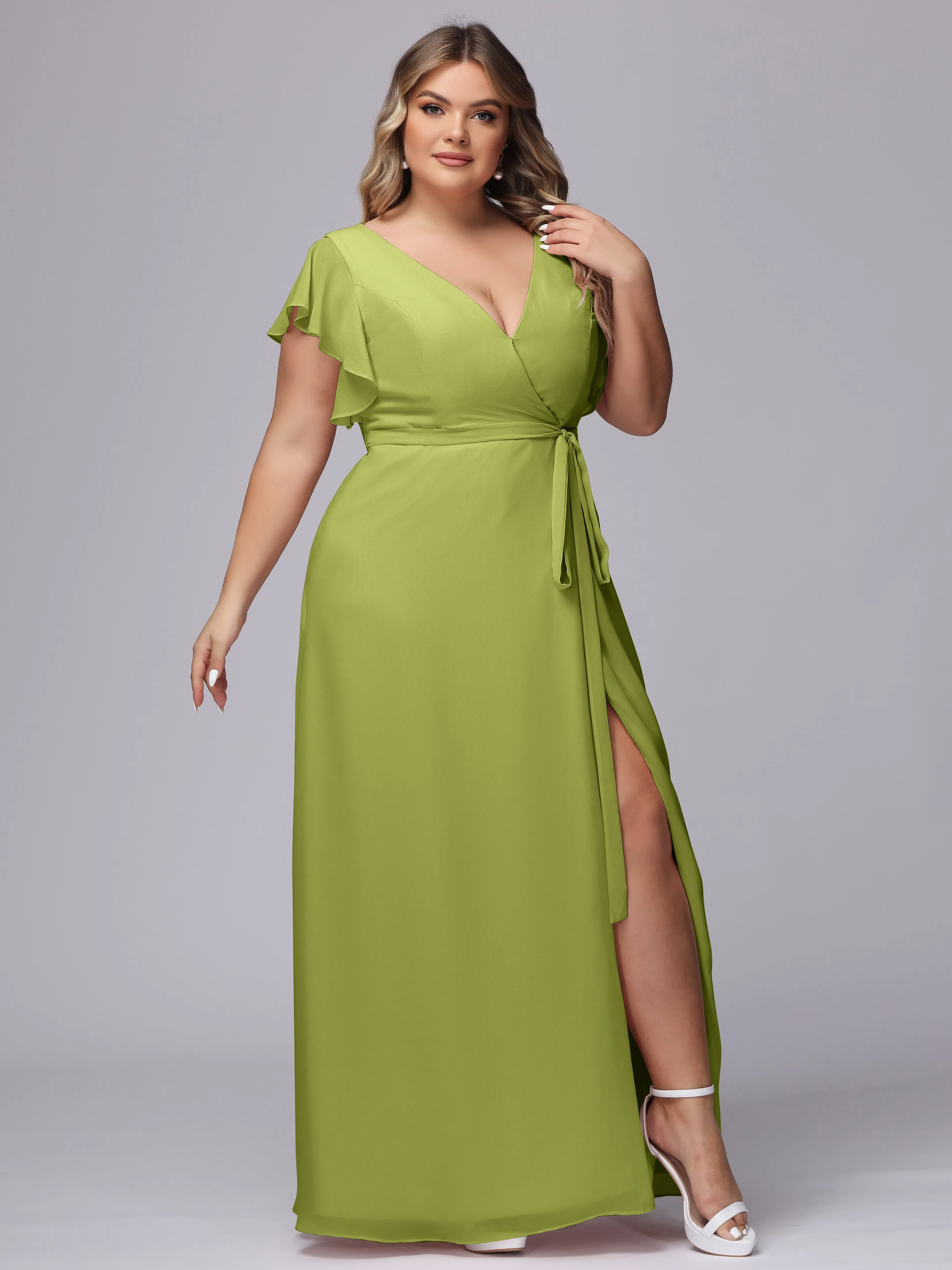Simple V-neck Ruffled Sleeves Plus Size Chiffon Bridesmaid Dress