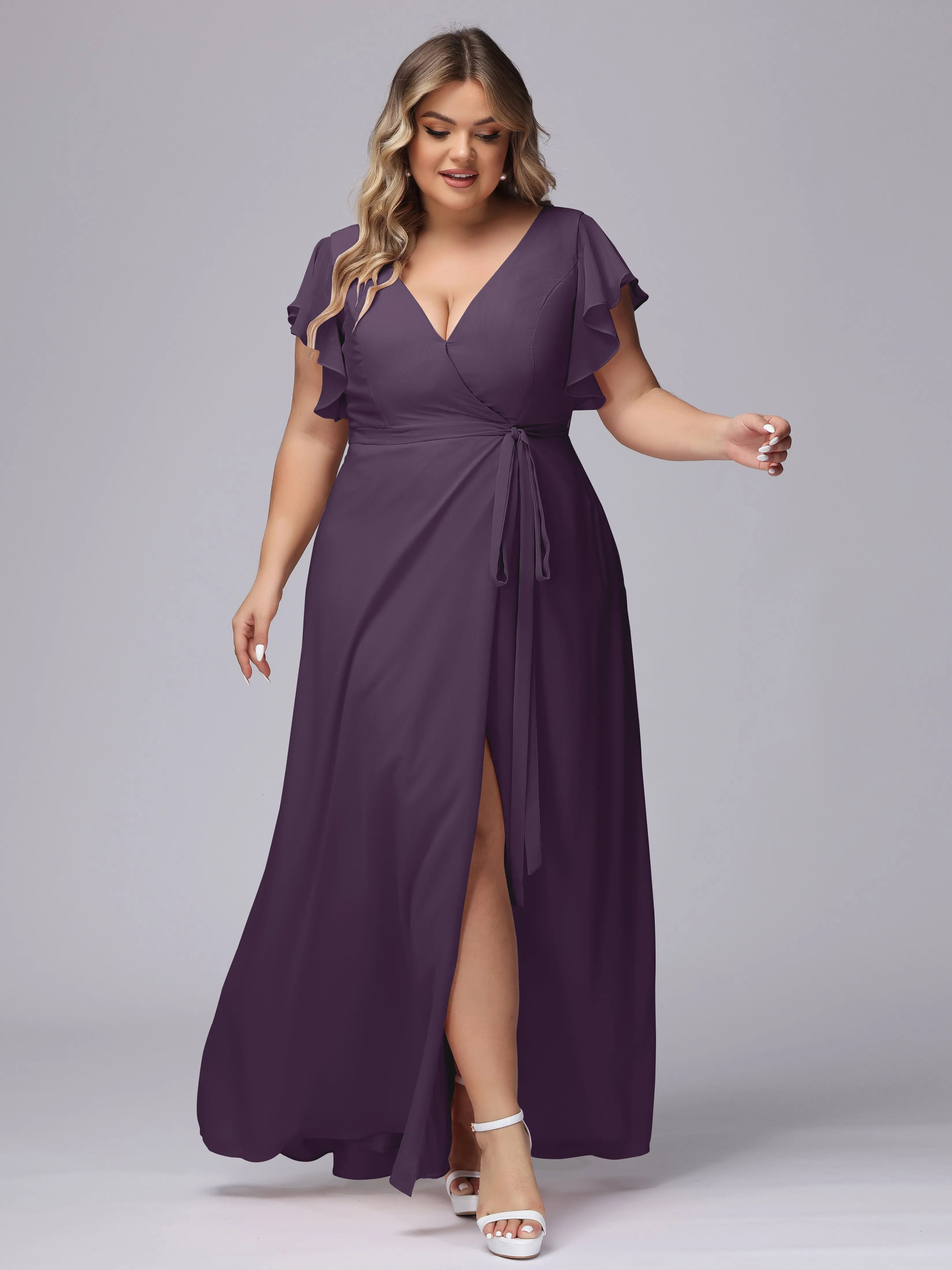 Simple V-neck Ruffled Sleeves Plus Size Chiffon Bridesmaid Dress