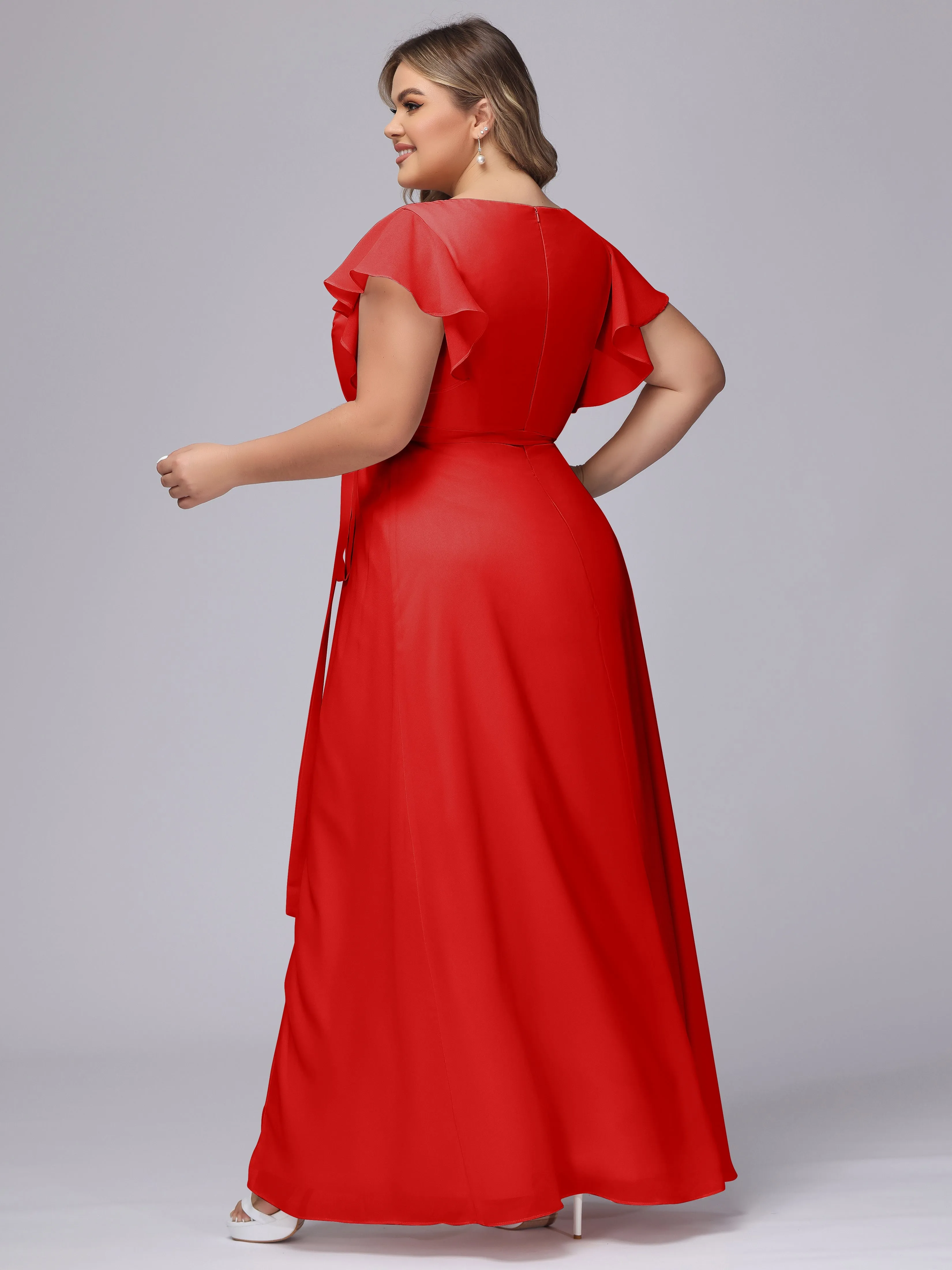 Simple V-neck Ruffled Sleeves Plus Size Chiffon Bridesmaid Dress