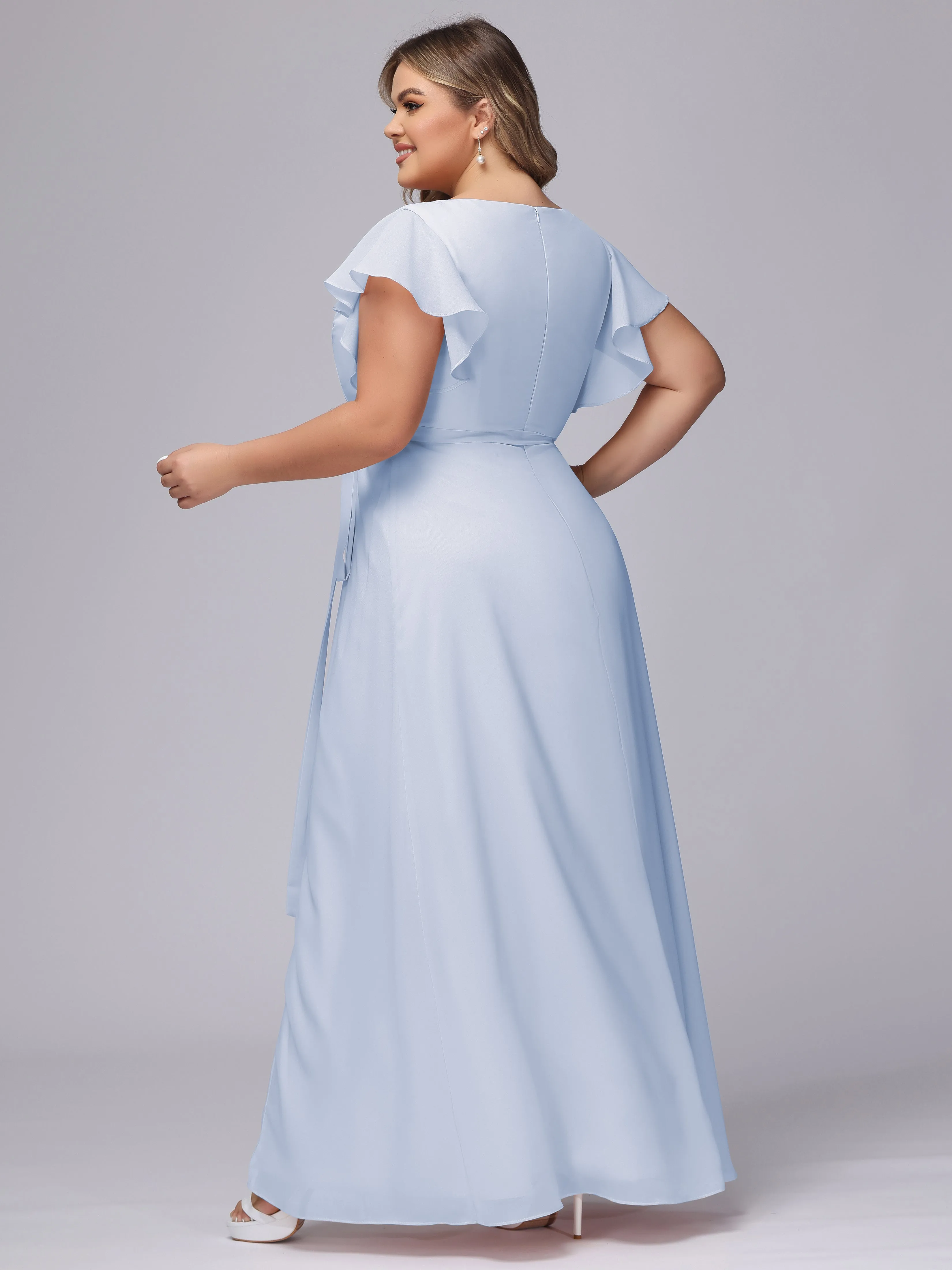 Simple V-neck Ruffled Sleeves Plus Size Chiffon Bridesmaid Dress