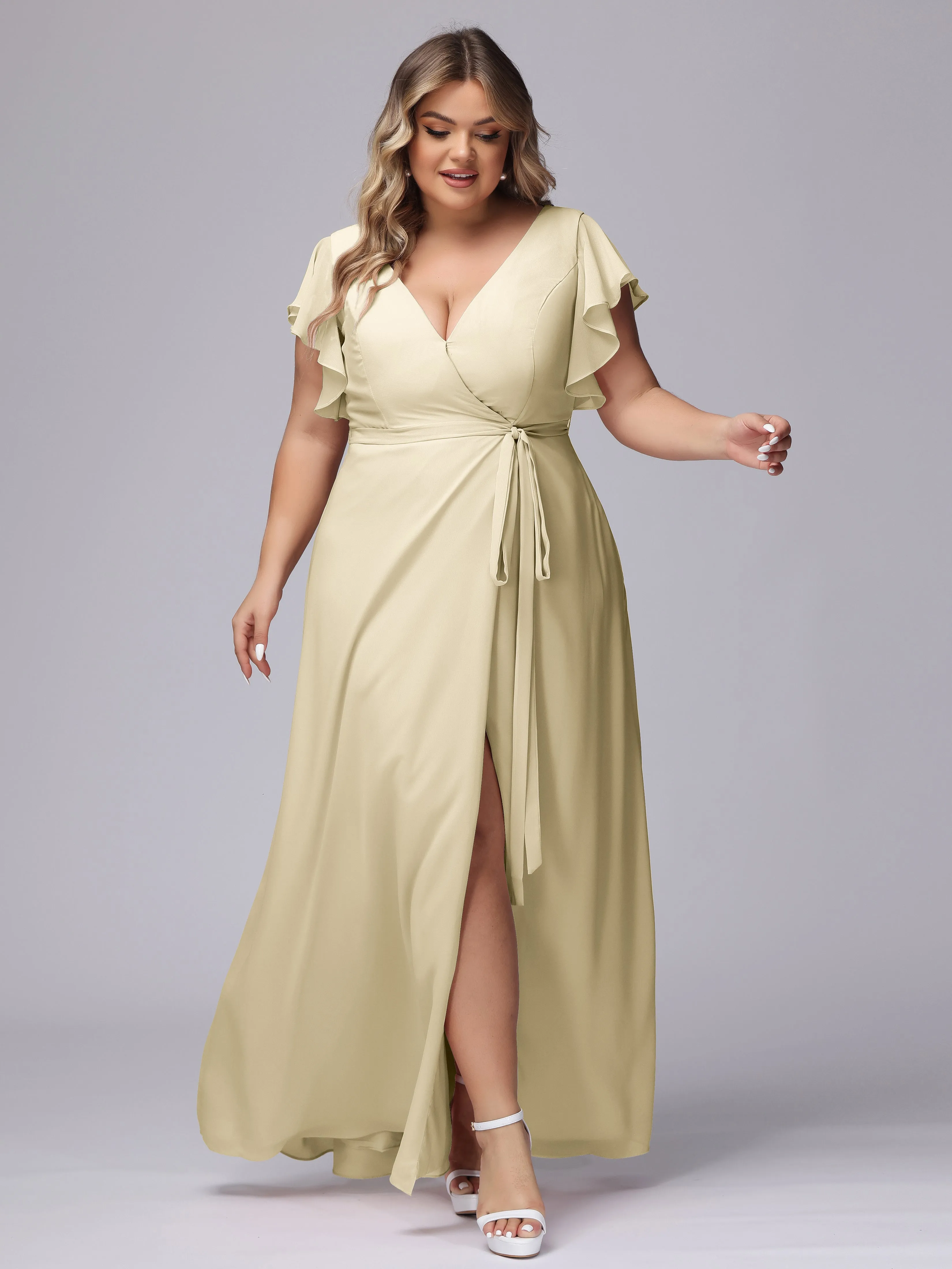Simple V-neck Ruffled Sleeves Plus Size Chiffon Bridesmaid Dress