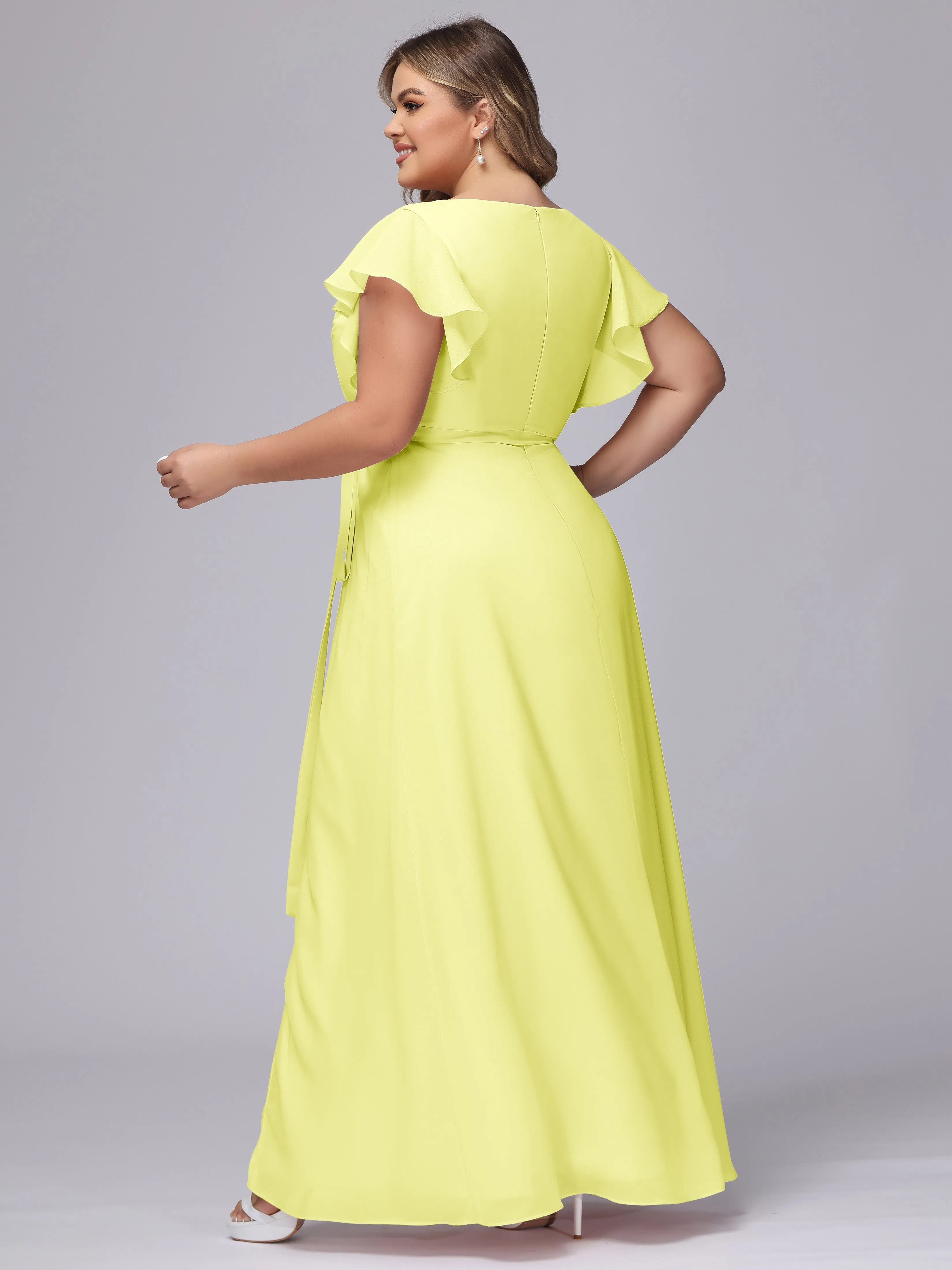 Simple V-neck Ruffled Sleeves Plus Size Chiffon Bridesmaid Dress