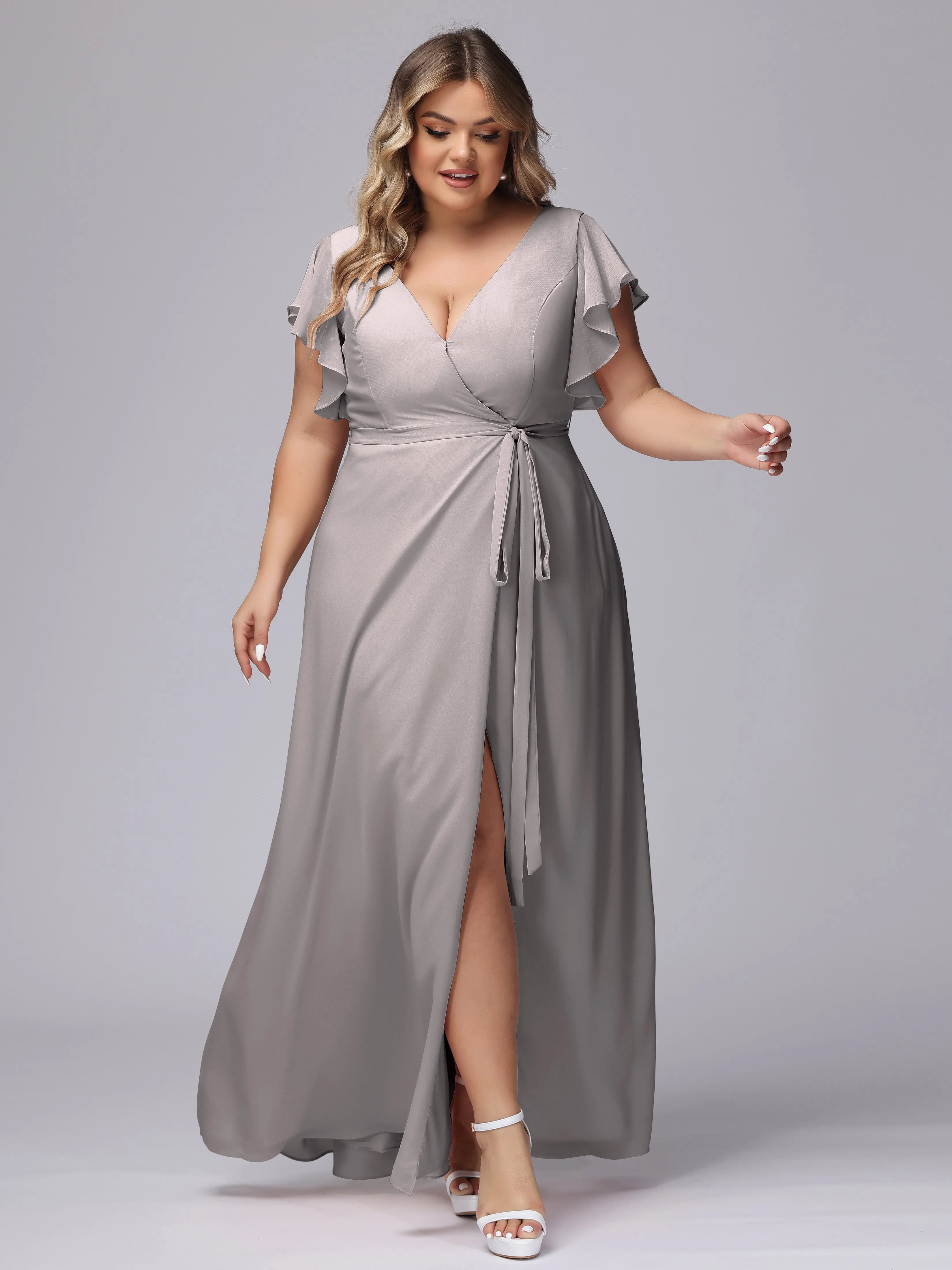 Simple V-neck Ruffled Sleeves Plus Size Chiffon Bridesmaid Dress
