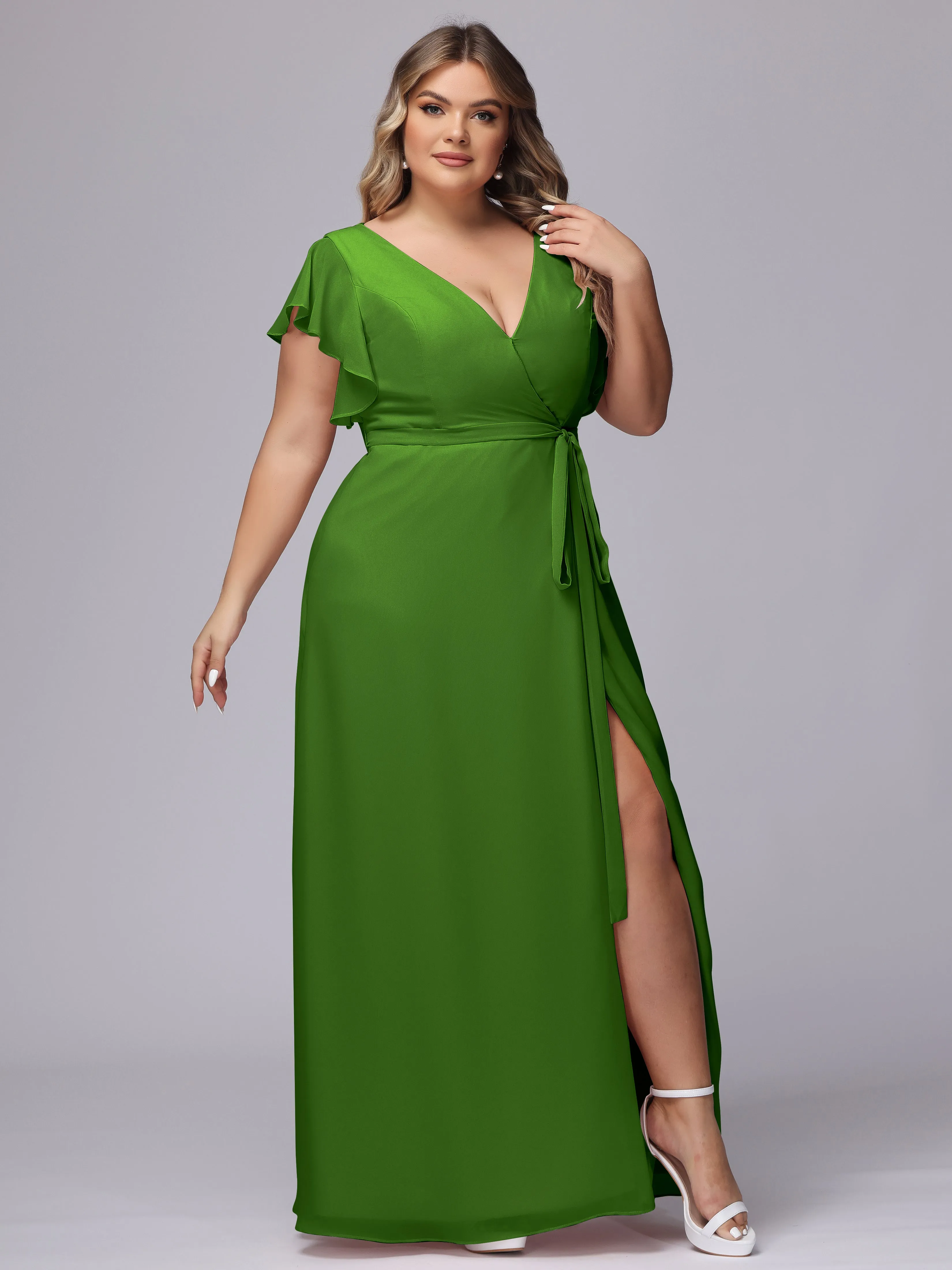 Simple V-neck Ruffled Sleeves Plus Size Chiffon Bridesmaid Dress