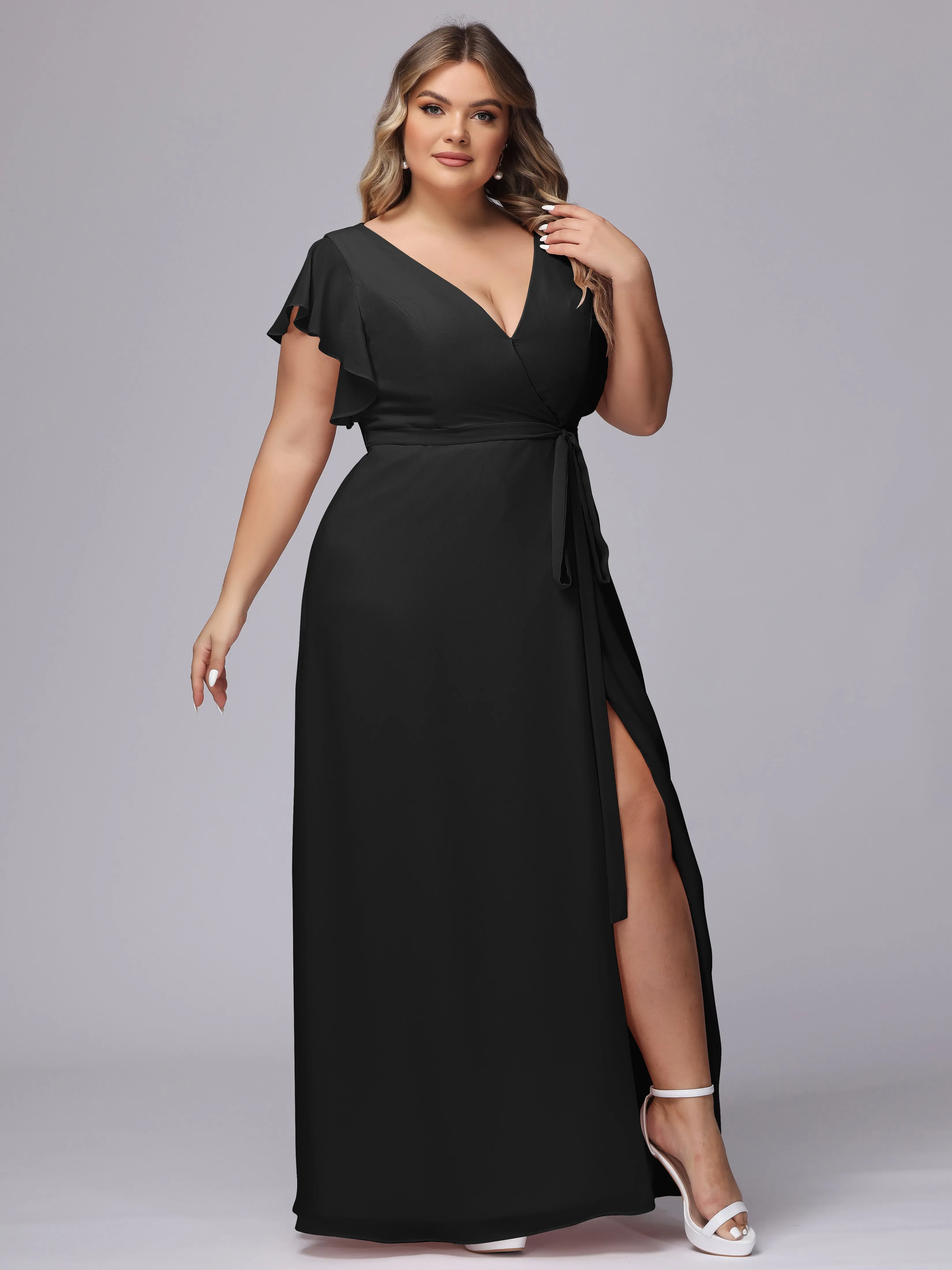 Simple V-neck Ruffled Sleeves Plus Size Chiffon Bridesmaid Dress