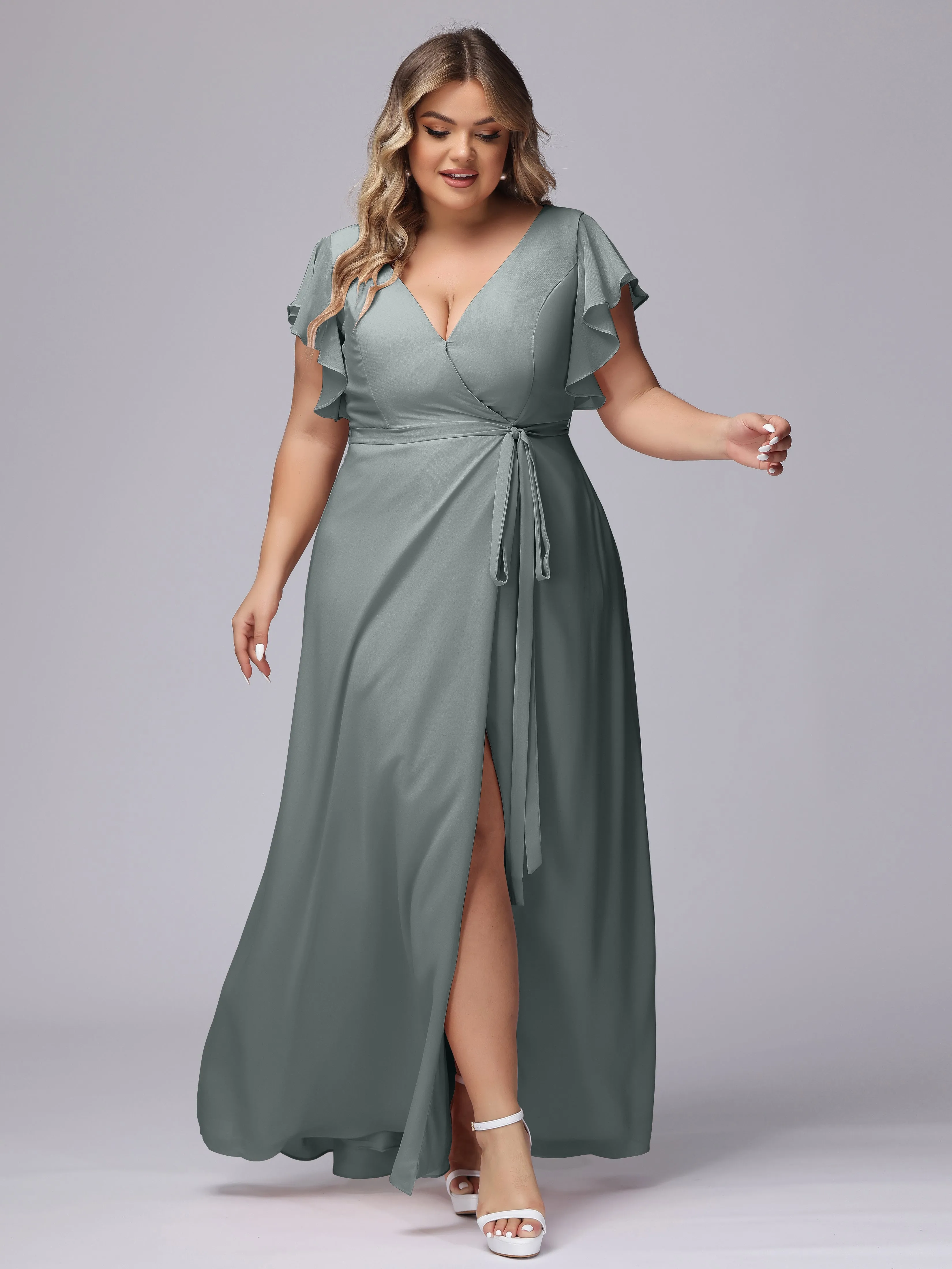 Simple V-neck Ruffled Sleeves Plus Size Chiffon Bridesmaid Dress