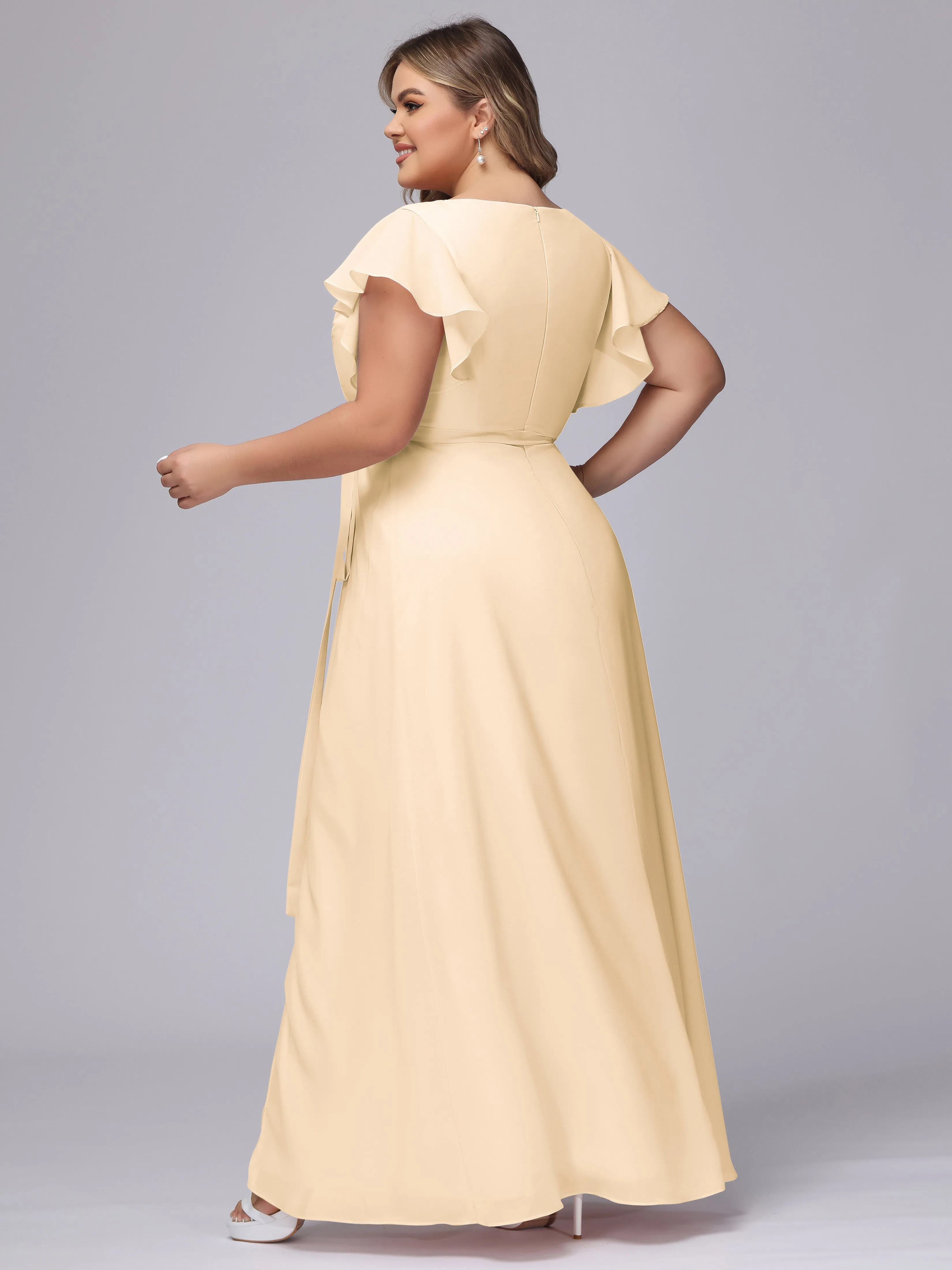 Simple V-neck Ruffled Sleeves Plus Size Chiffon Bridesmaid Dress