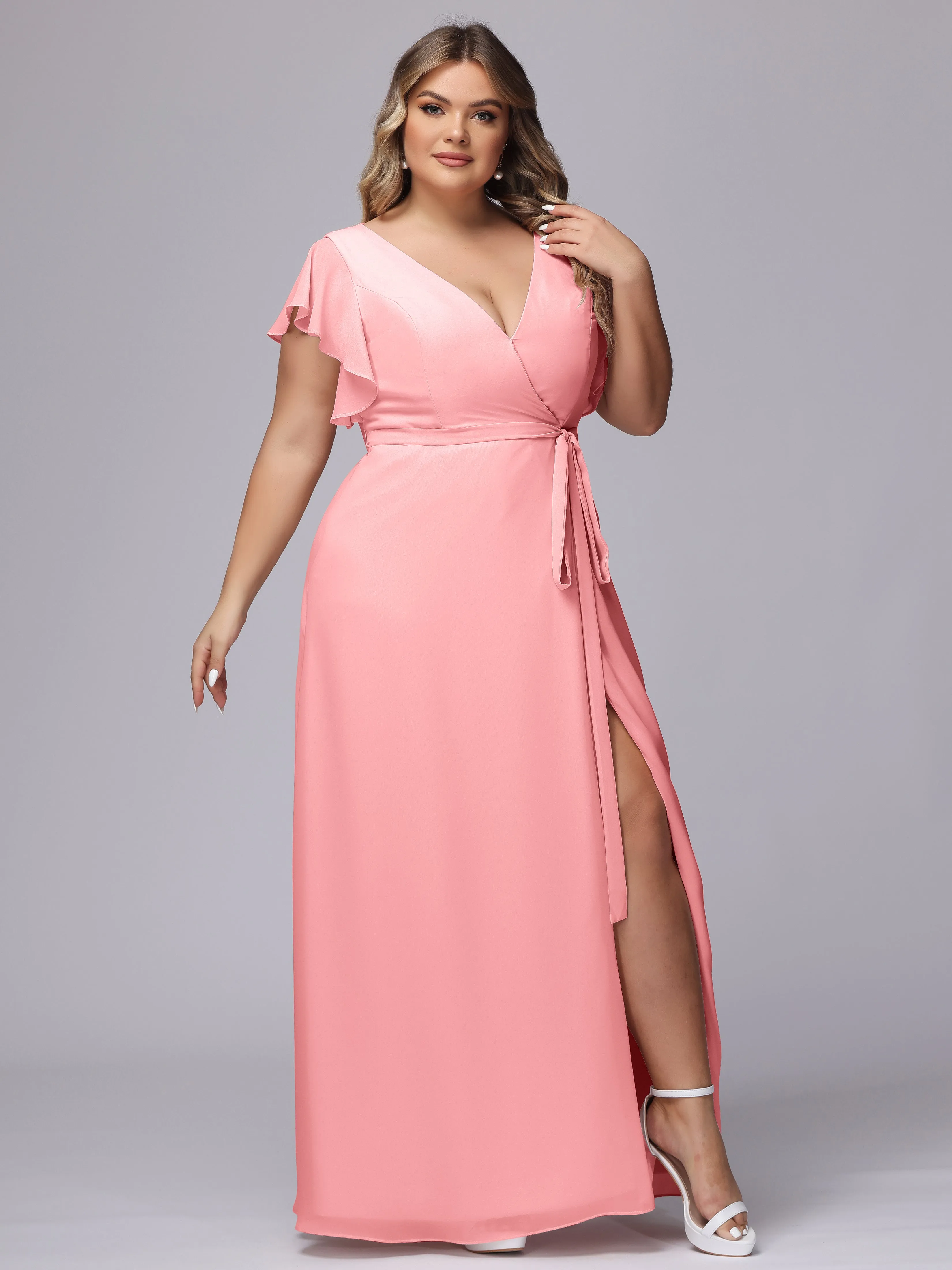 Simple V-neck Ruffled Sleeves Plus Size Chiffon Bridesmaid Dress