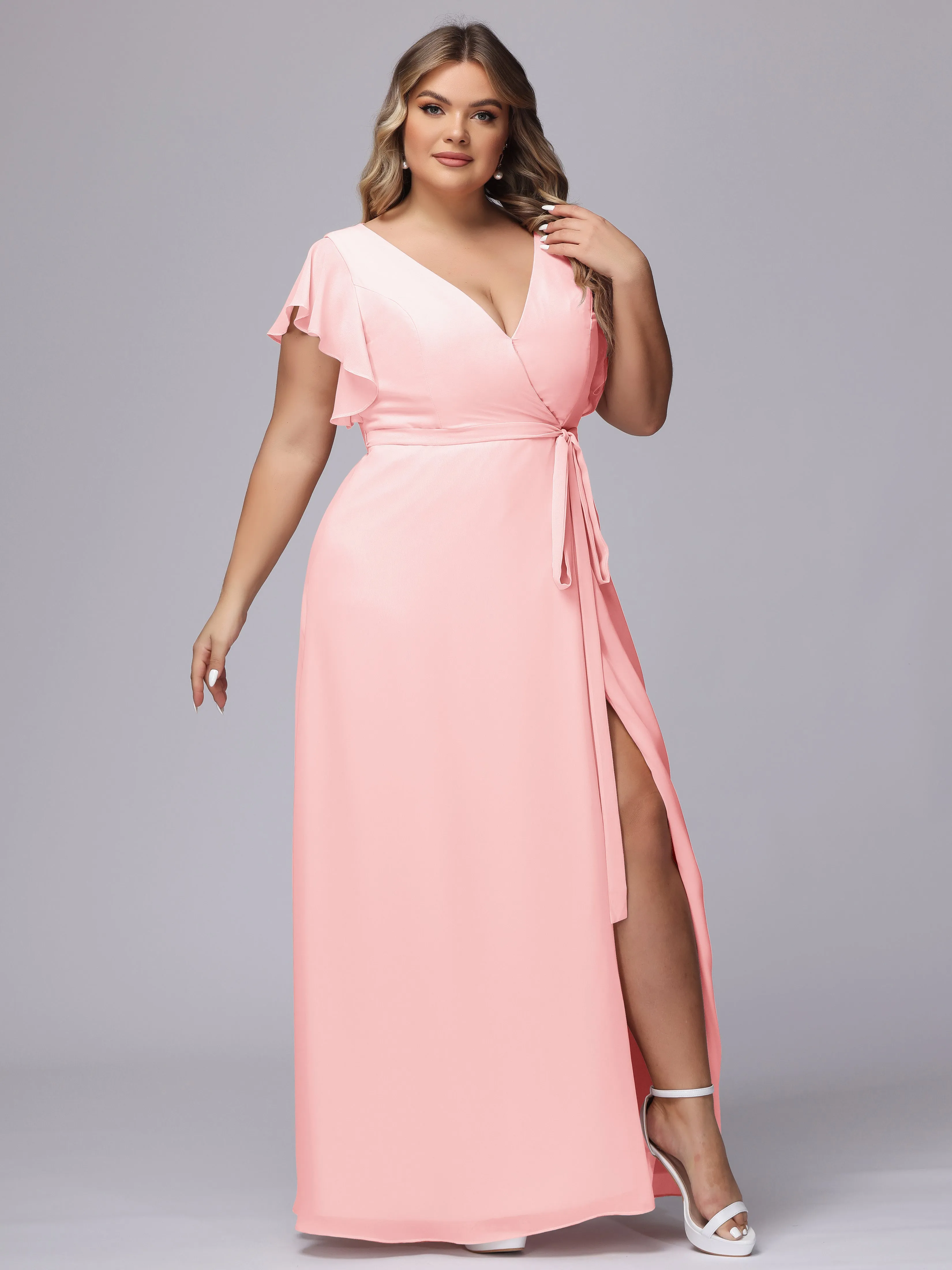 Simple V-neck Ruffled Sleeves Plus Size Chiffon Bridesmaid Dress