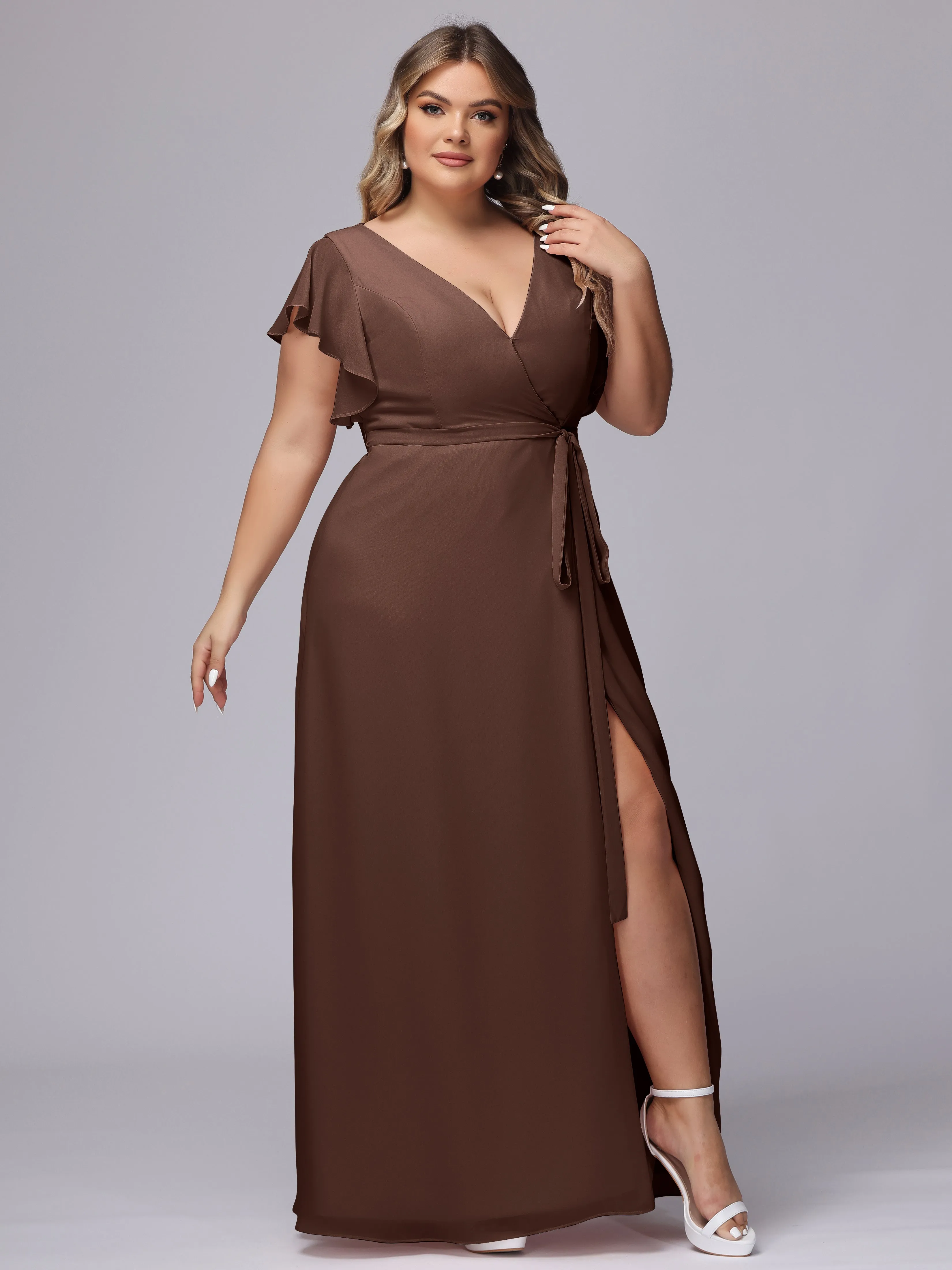 Simple V-neck Ruffled Sleeves Plus Size Chiffon Bridesmaid Dress