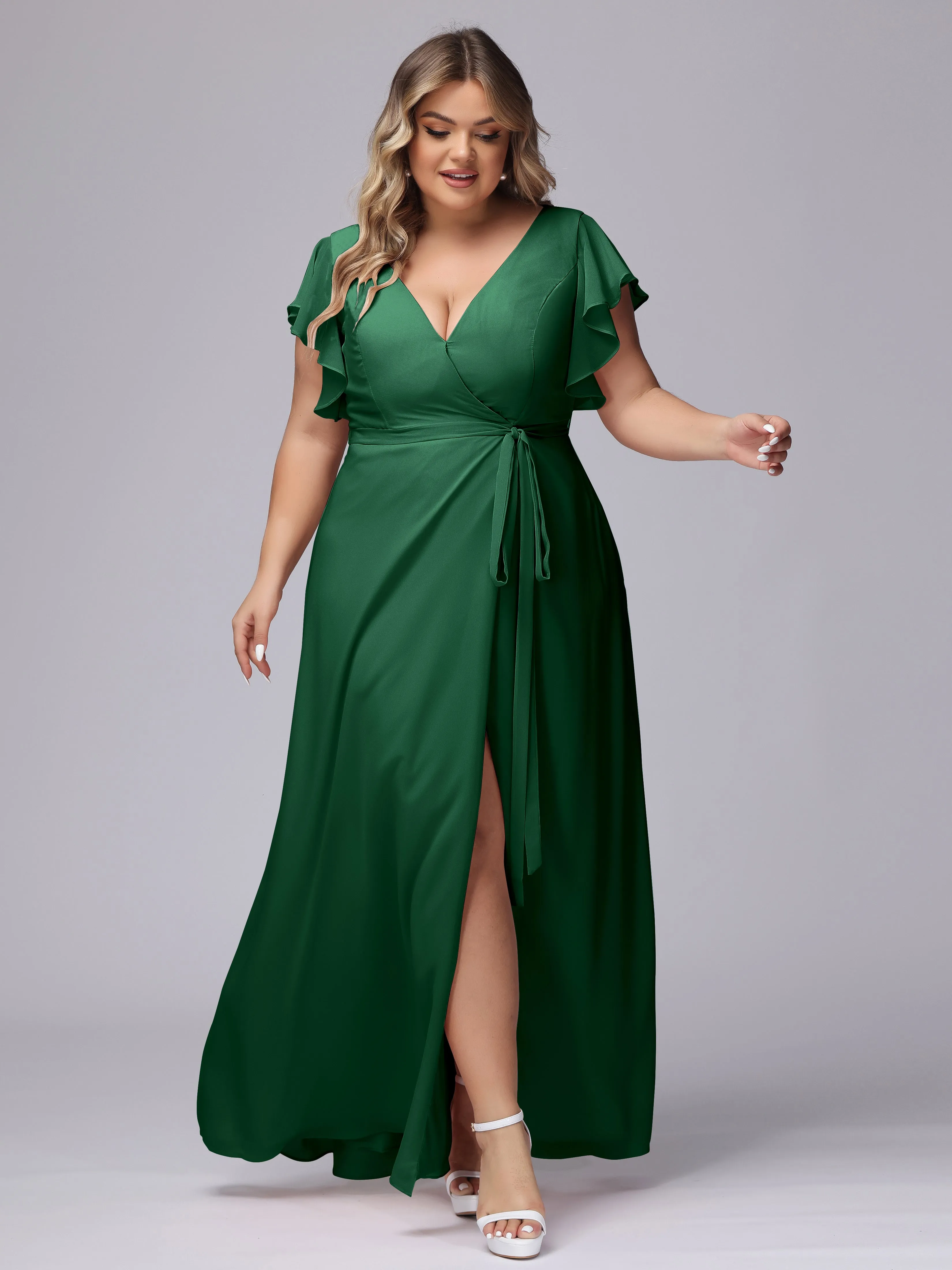 Simple V-neck Ruffled Sleeves Plus Size Chiffon Bridesmaid Dress