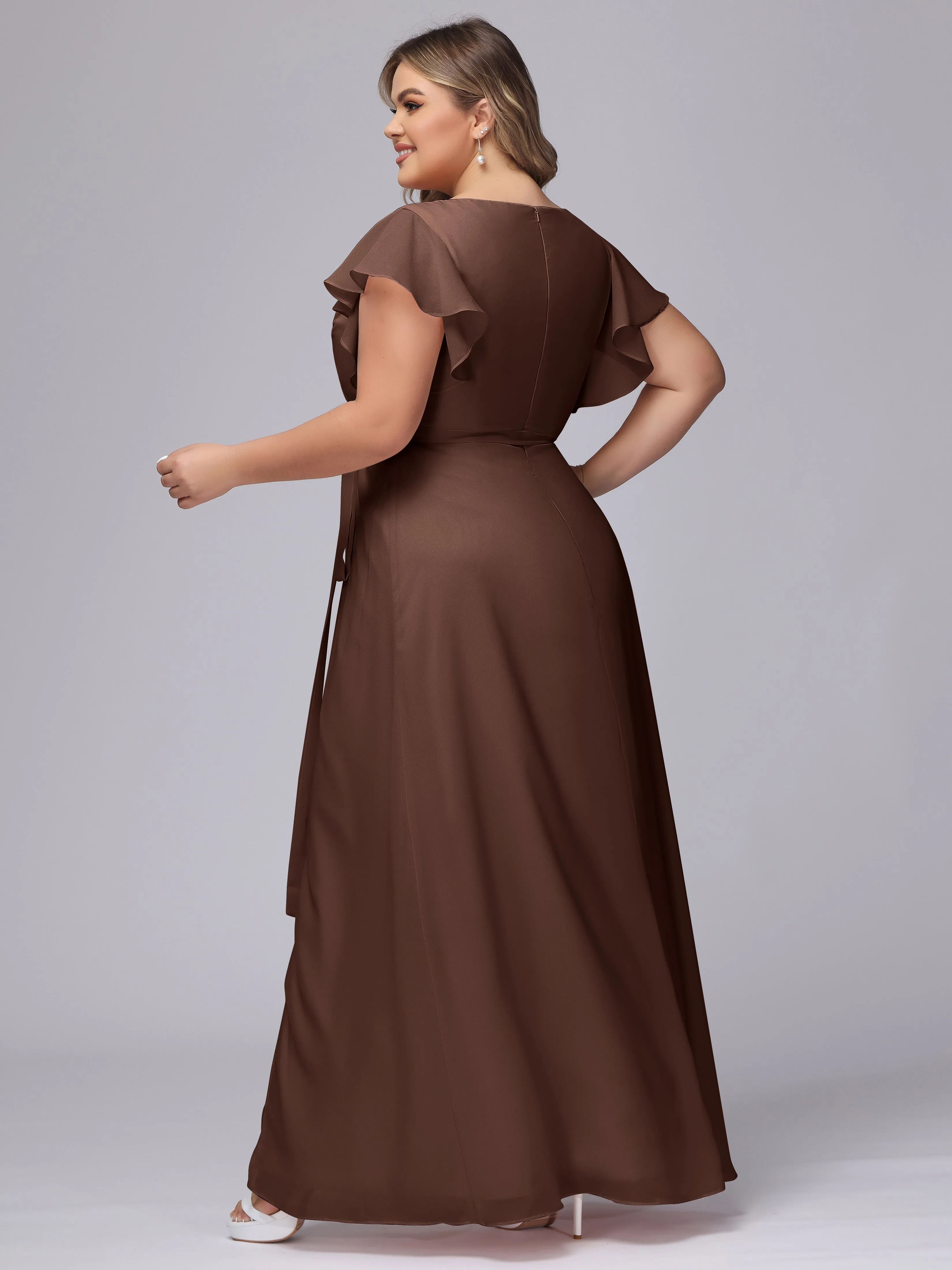 Simple V-neck Ruffled Sleeves Plus Size Chiffon Bridesmaid Dress