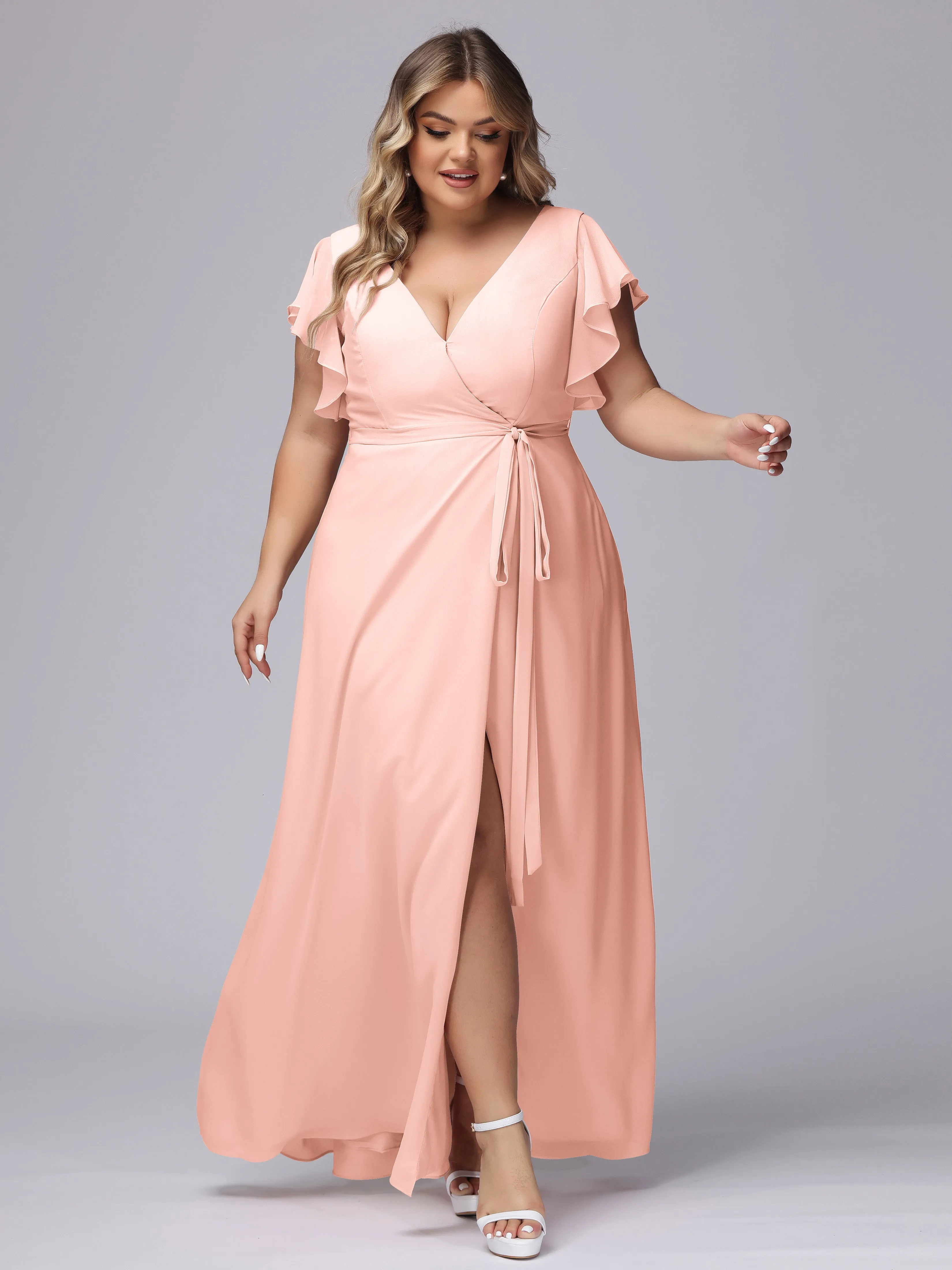 Simple V-neck Ruffled Sleeves Plus Size Chiffon Bridesmaid Dress