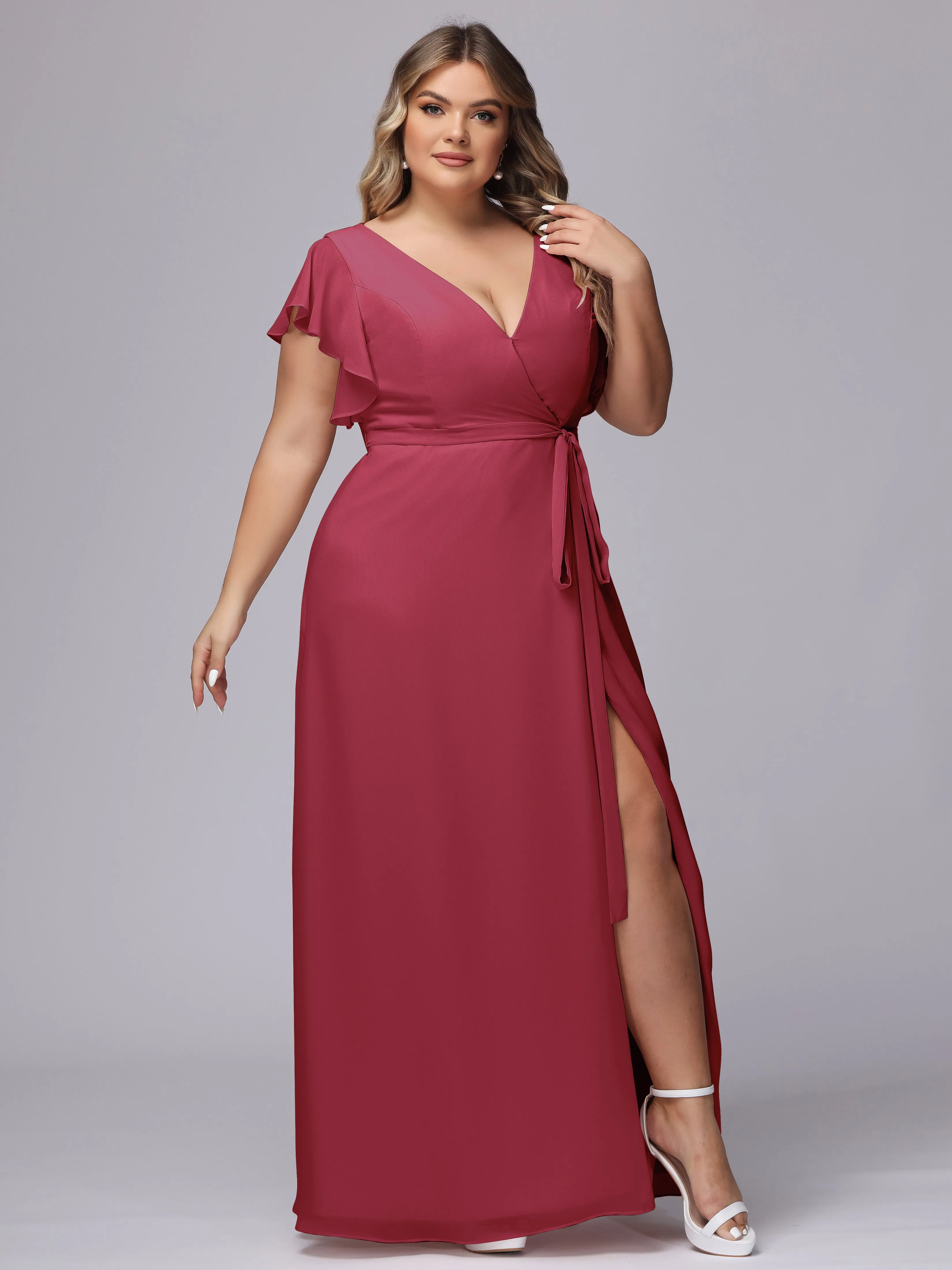 Simple V-neck Ruffled Sleeves Plus Size Chiffon Bridesmaid Dress