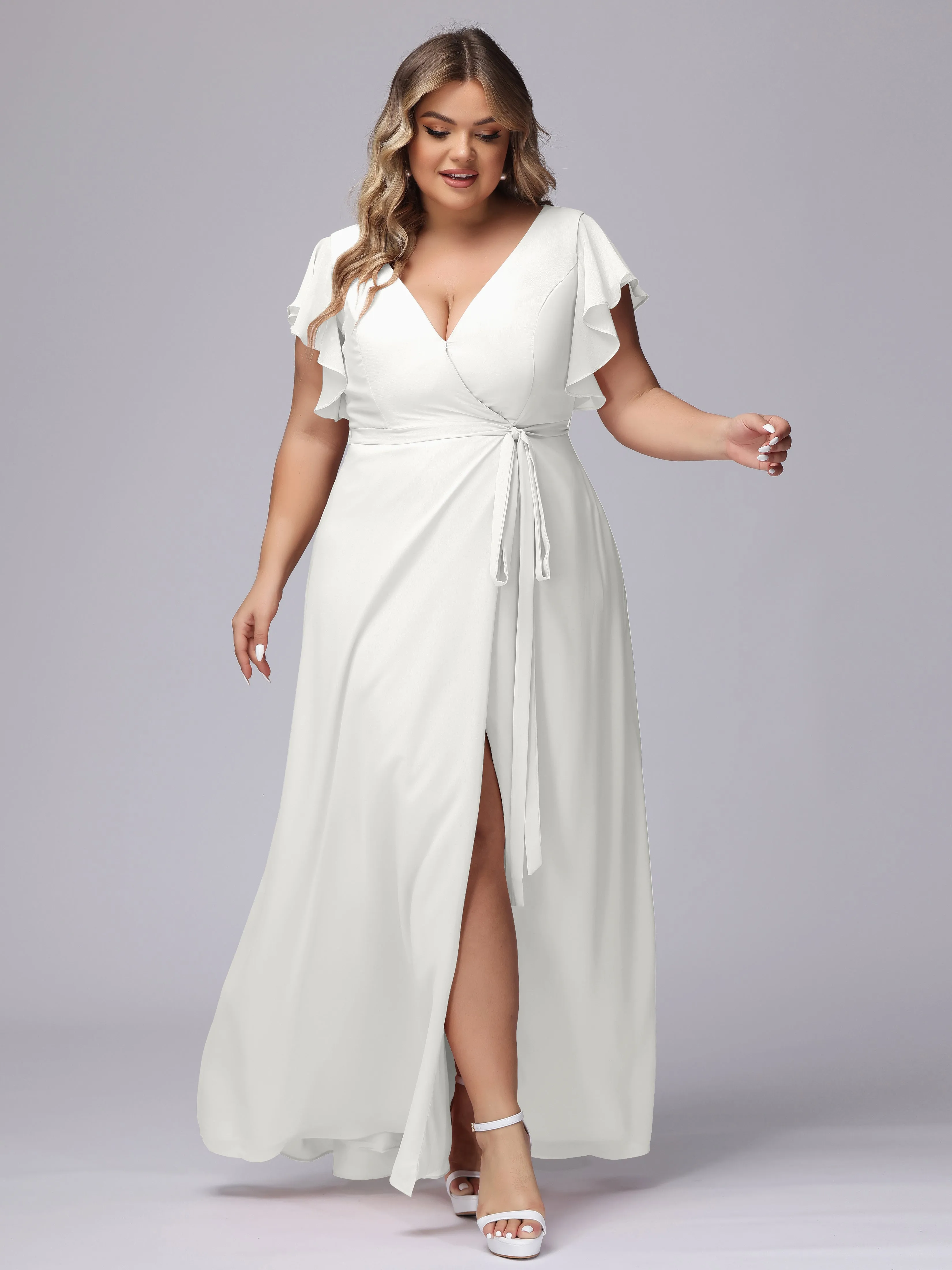 Simple V-neck Ruffled Sleeves Plus Size Chiffon Bridesmaid Dress
