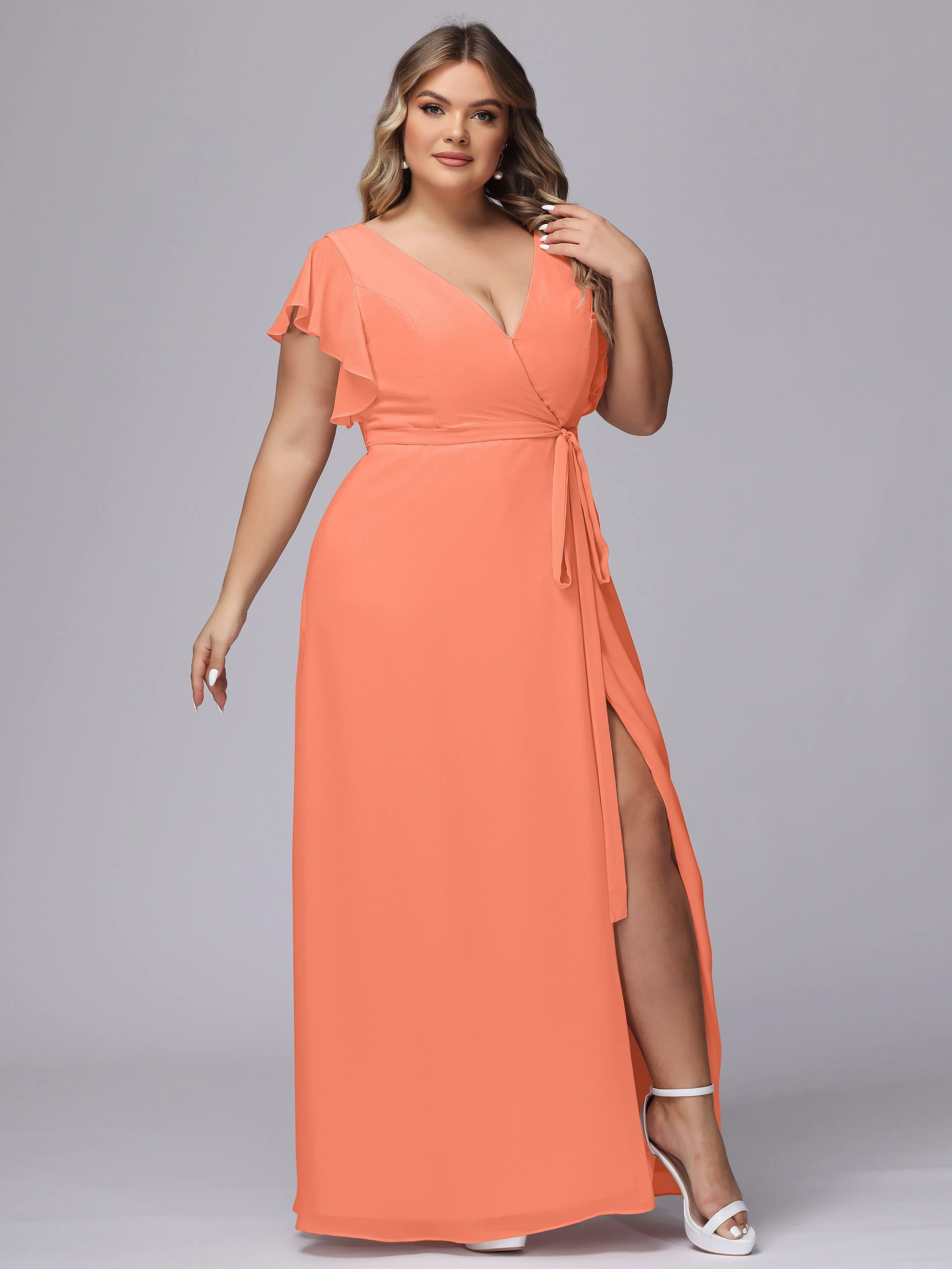 Simple V-neck Ruffled Sleeves Plus Size Chiffon Bridesmaid Dress