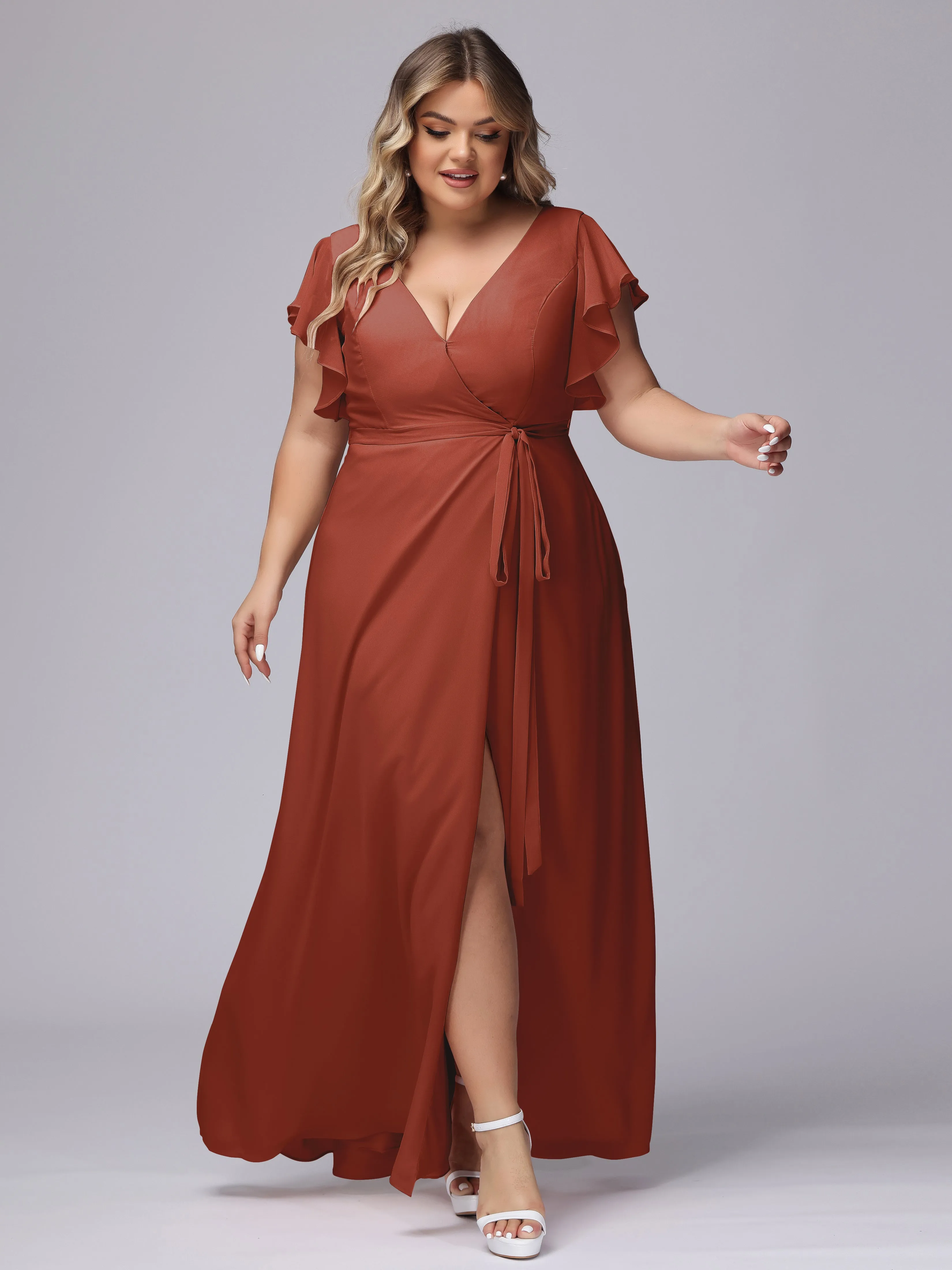 Simple V-neck Ruffled Sleeves Plus Size Chiffon Bridesmaid Dress