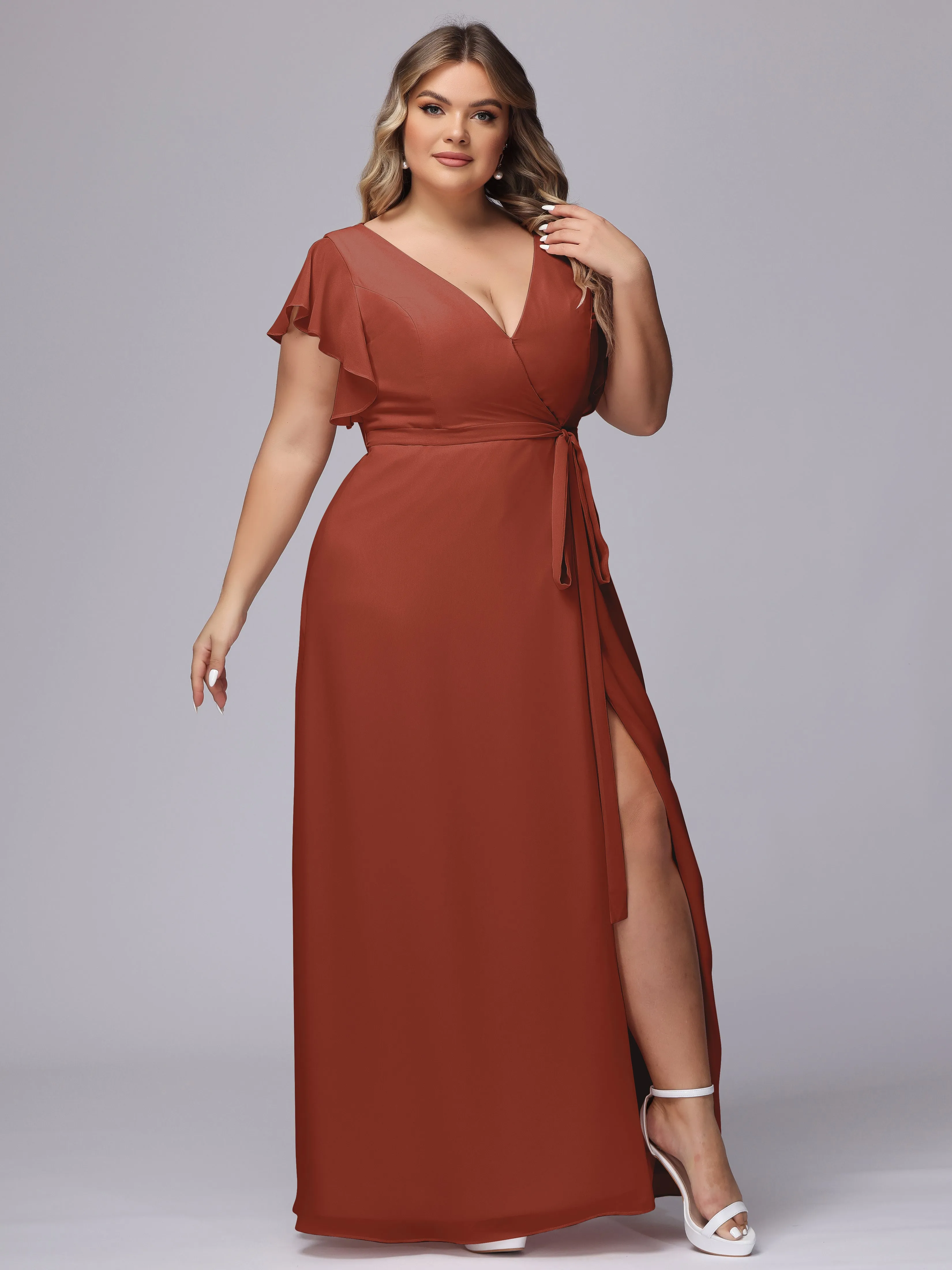 Simple V-neck Ruffled Sleeves Plus Size Chiffon Bridesmaid Dress