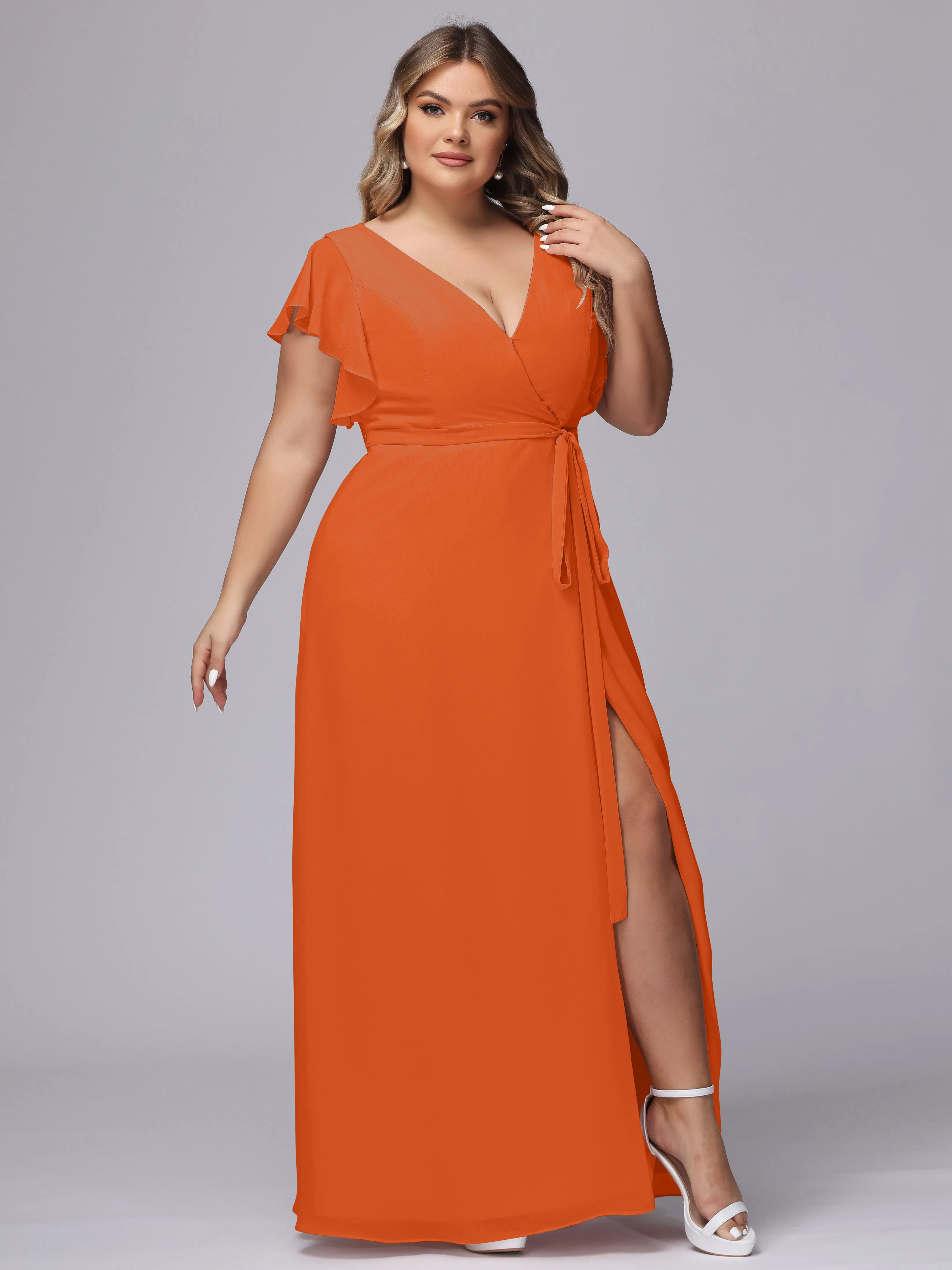 Simple V-neck Ruffled Sleeves Plus Size Chiffon Bridesmaid Dress