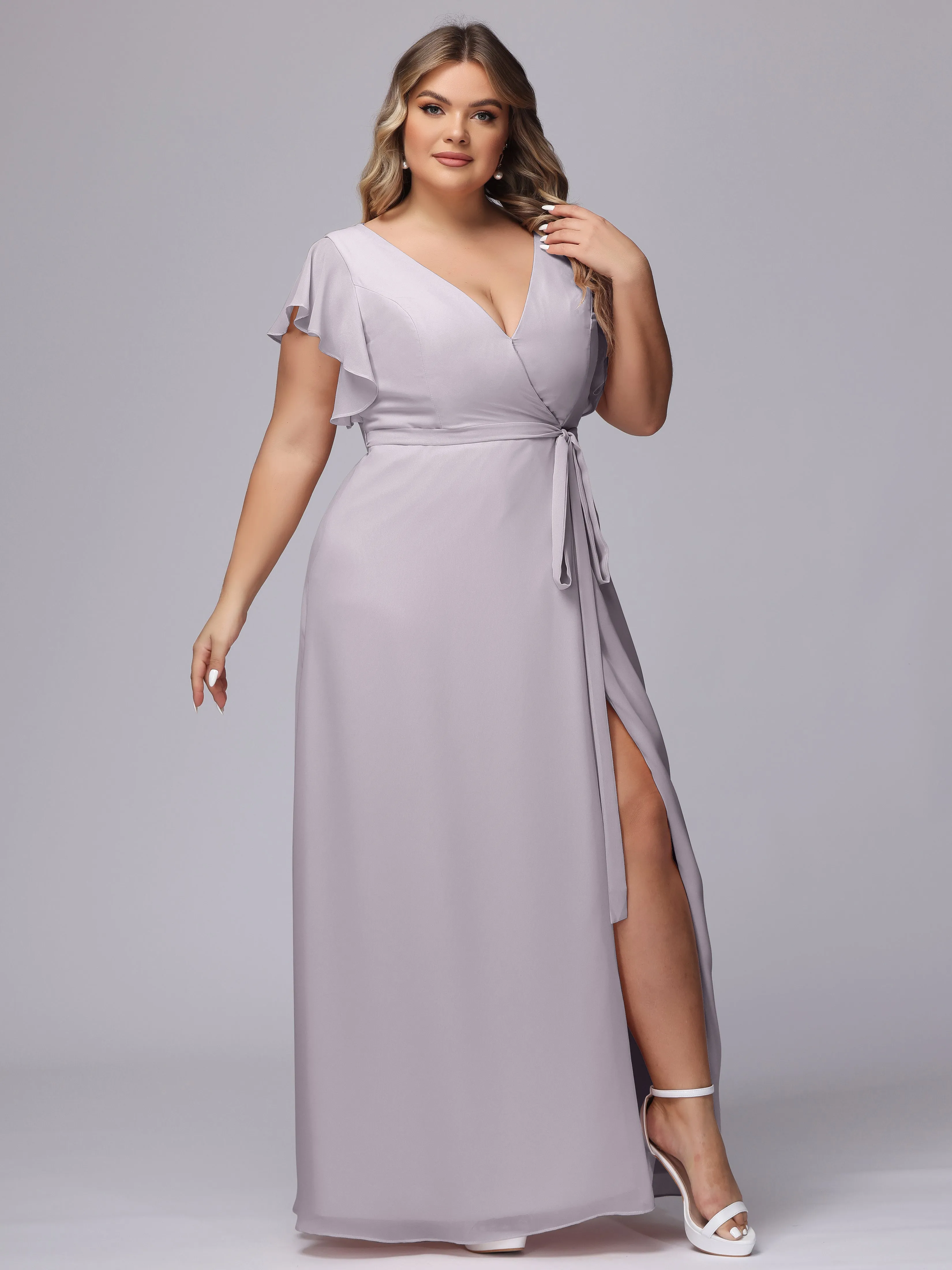 Simple V-neck Ruffled Sleeves Plus Size Chiffon Bridesmaid Dress