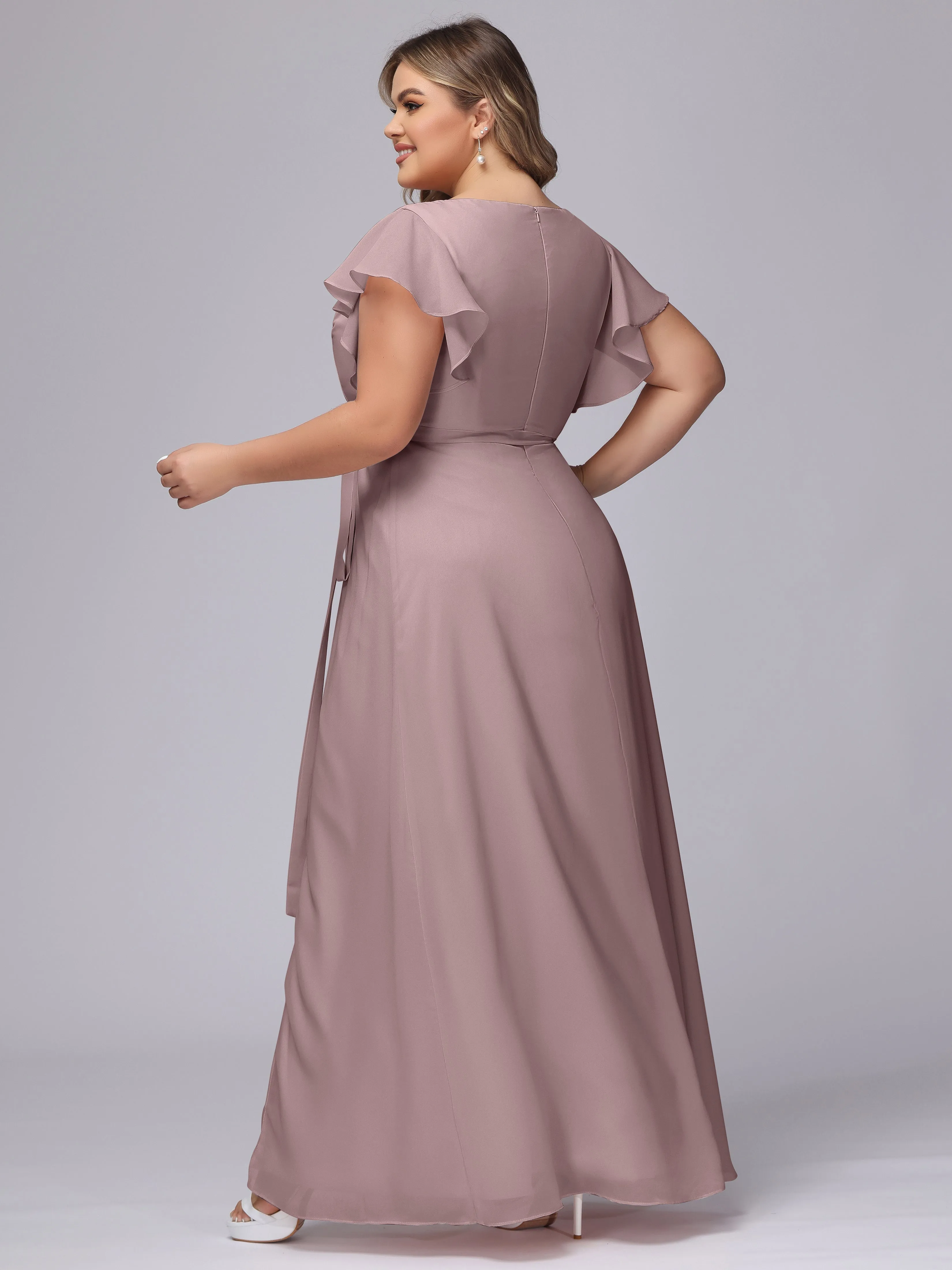 Simple V-neck Ruffled Sleeves Plus Size Chiffon Bridesmaid Dress