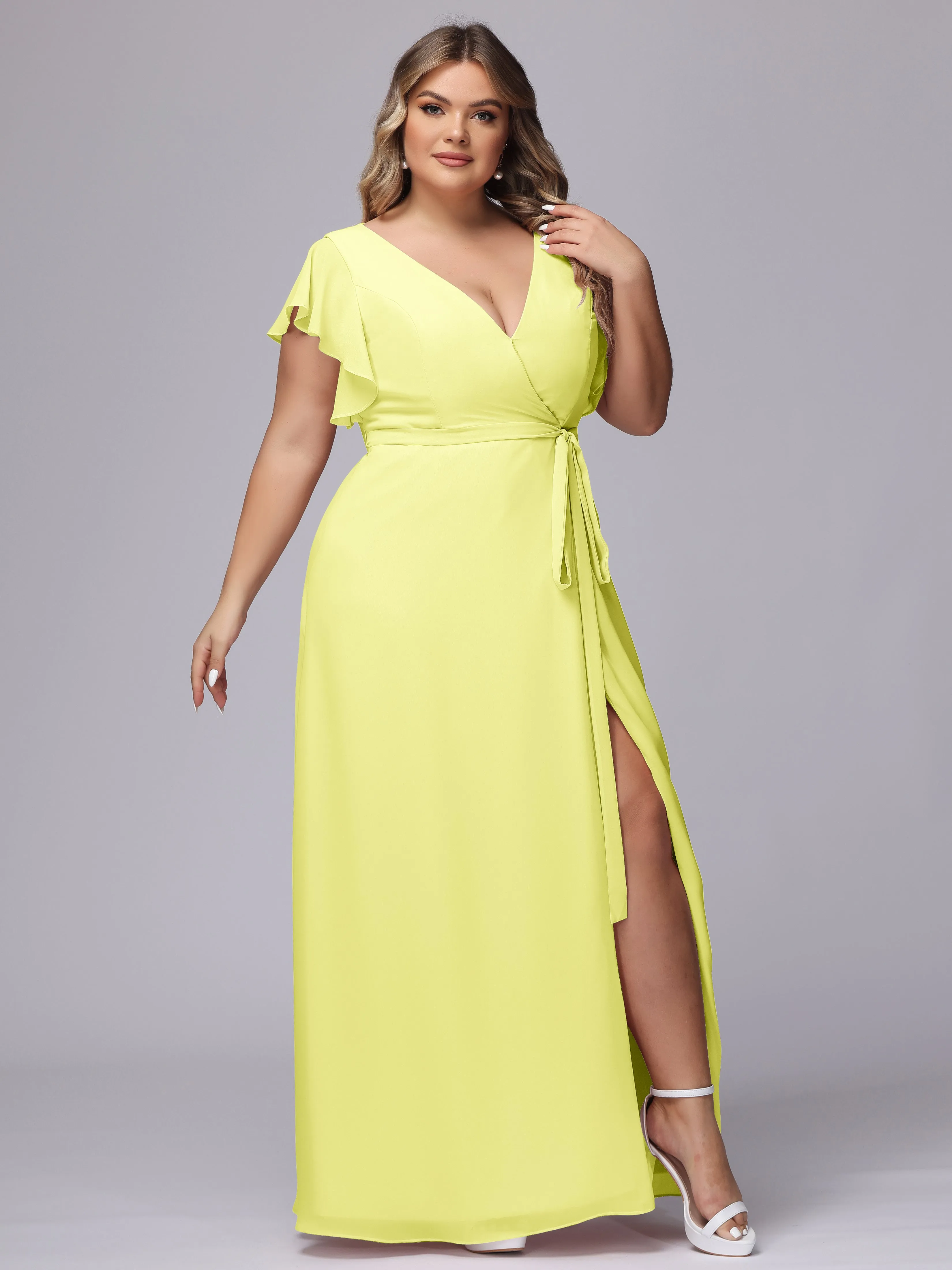 Simple V-neck Ruffled Sleeves Plus Size Chiffon Bridesmaid Dress