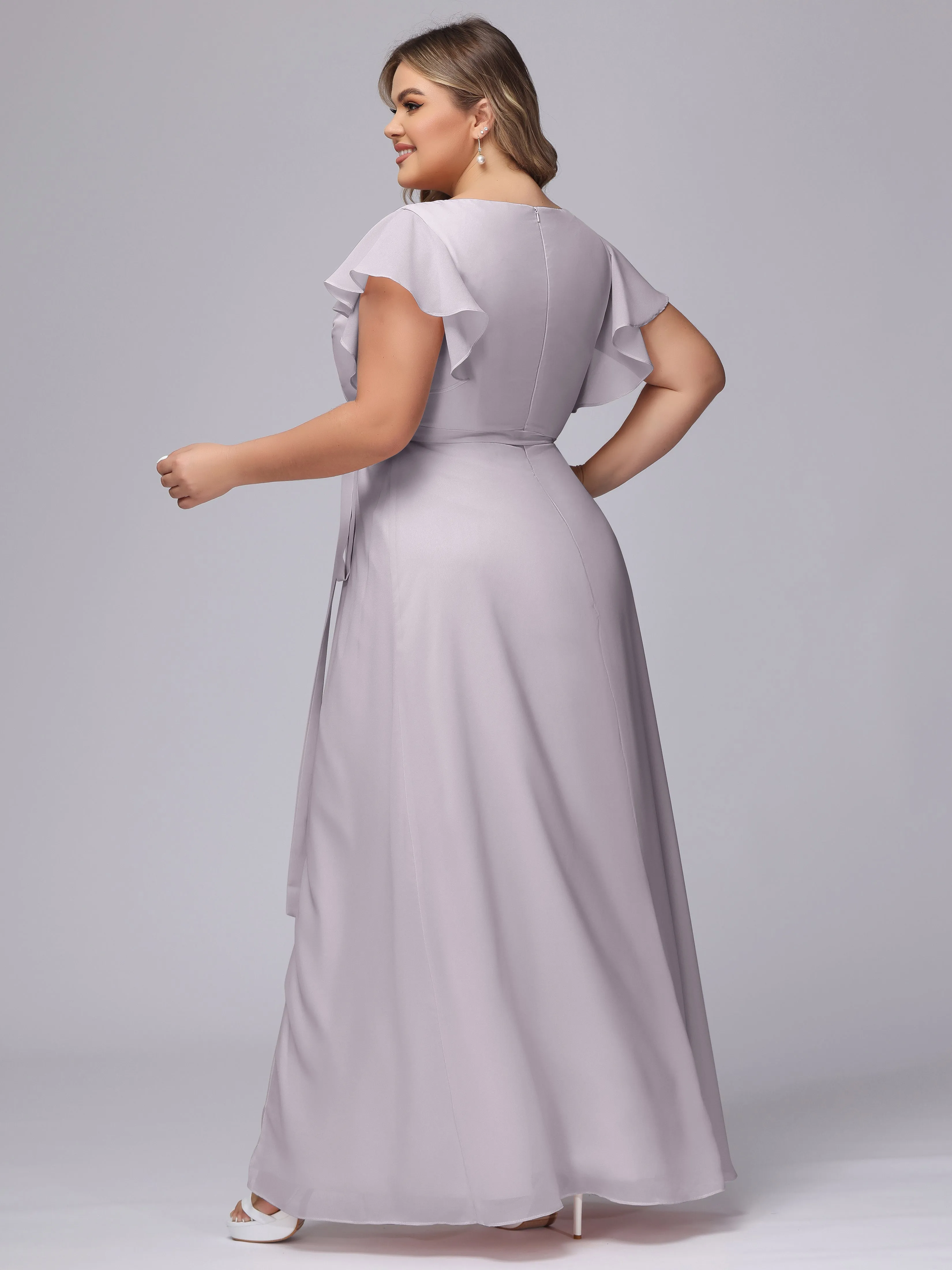 Simple V-neck Ruffled Sleeves Plus Size Chiffon Bridesmaid Dress