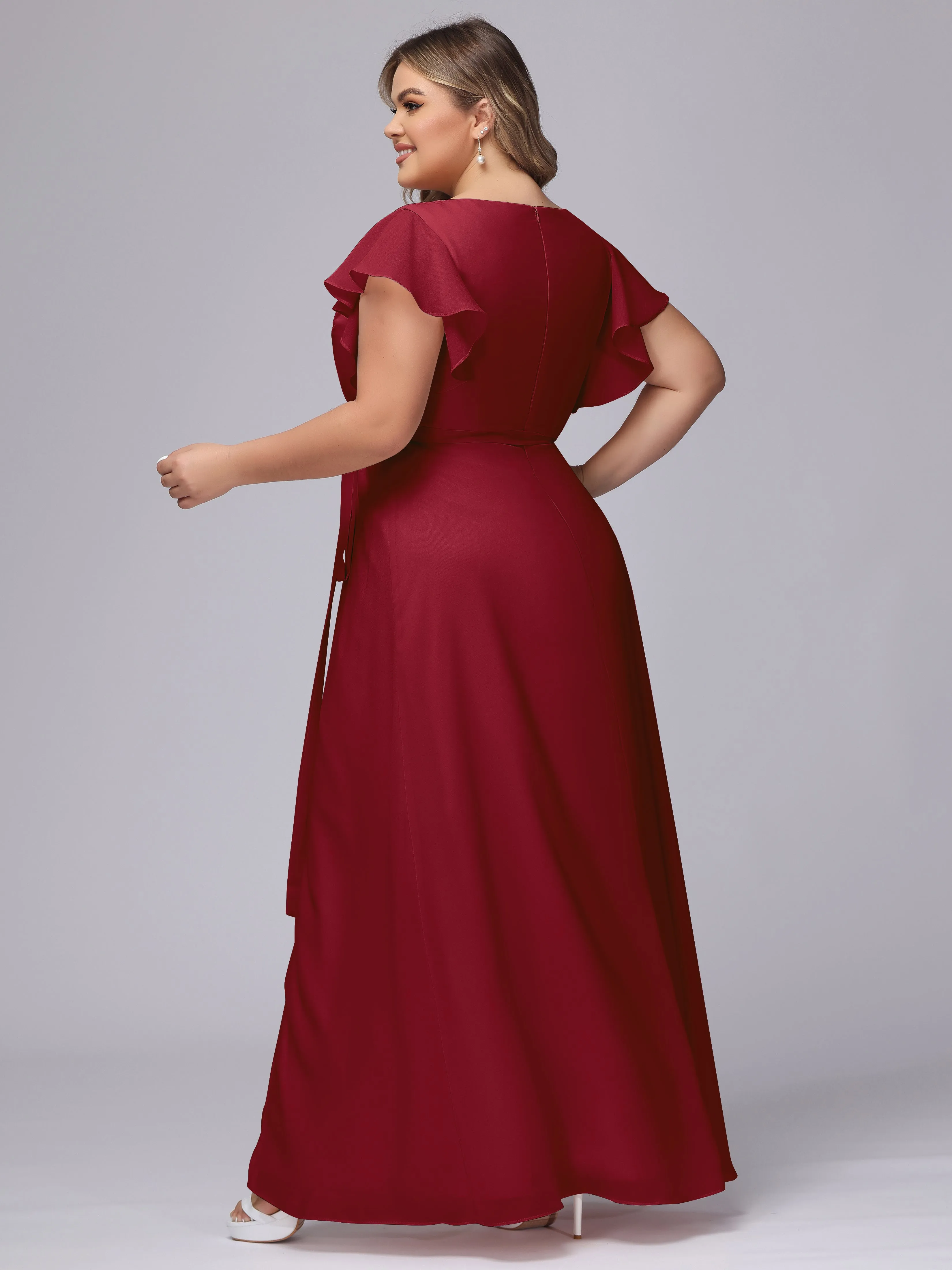 Simple V-neck Ruffled Sleeves Plus Size Chiffon Bridesmaid Dress