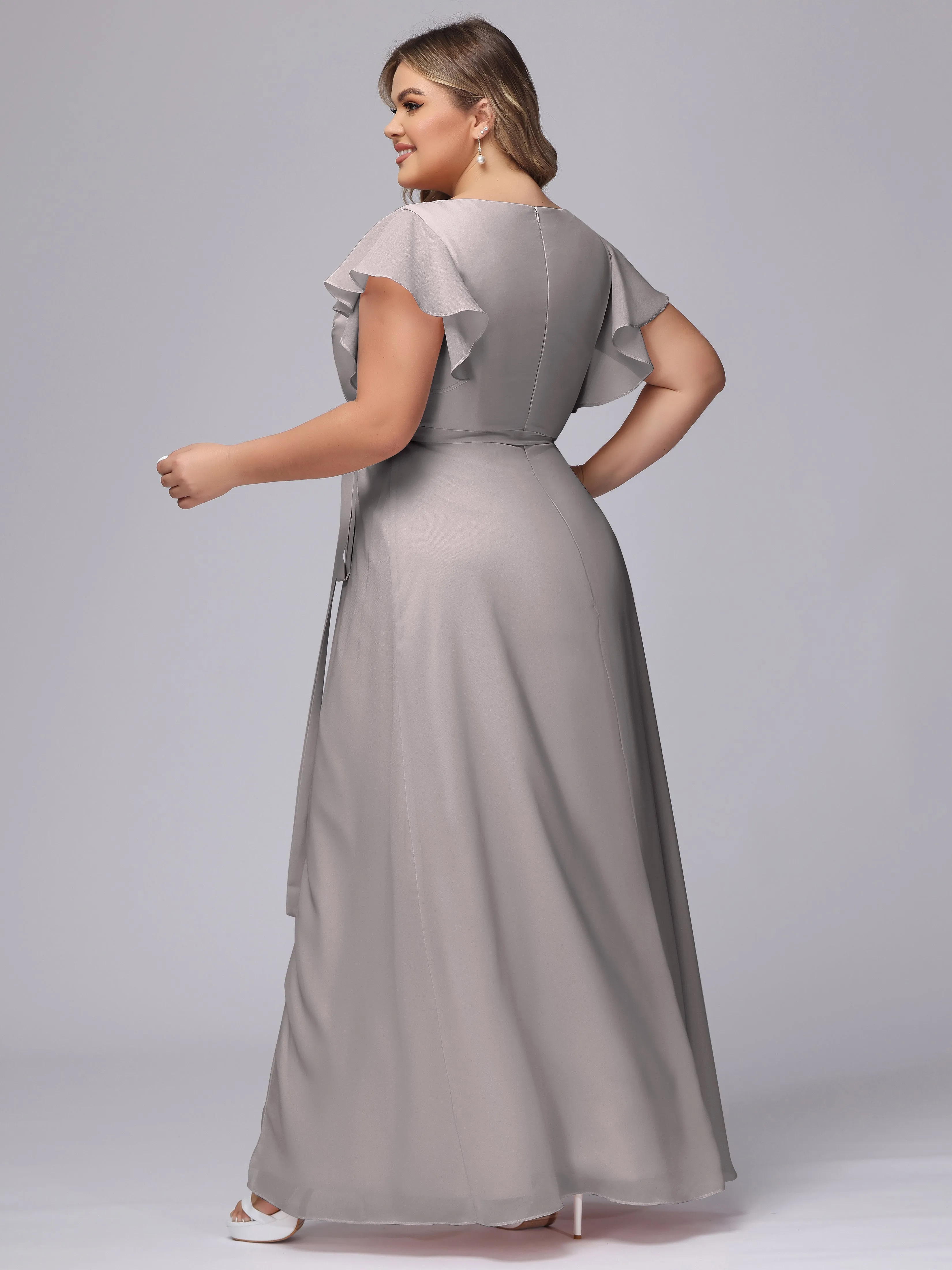 Simple V-neck Ruffled Sleeves Plus Size Chiffon Bridesmaid Dress