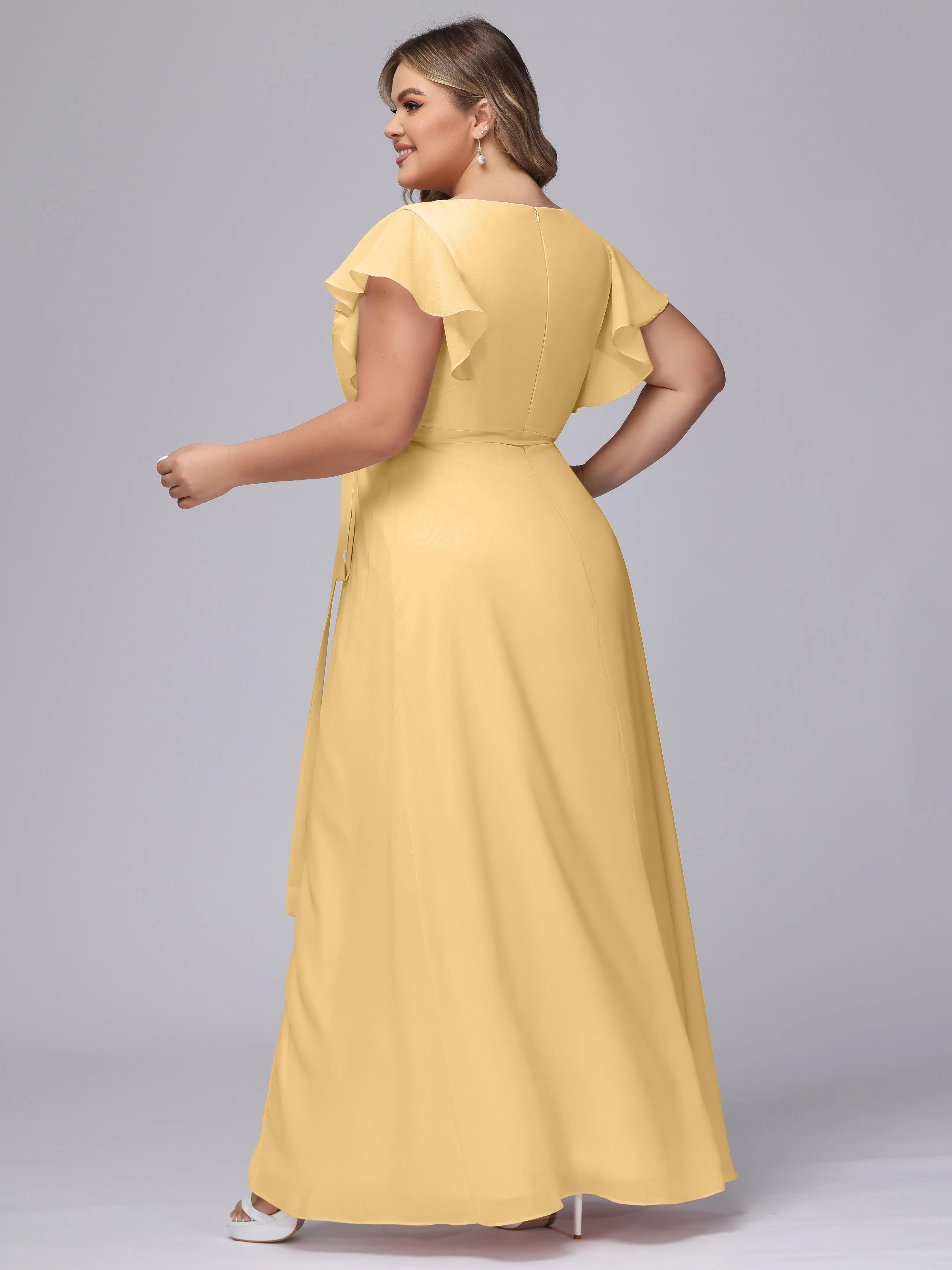 Simple V-neck Ruffled Sleeves Plus Size Chiffon Bridesmaid Dress
