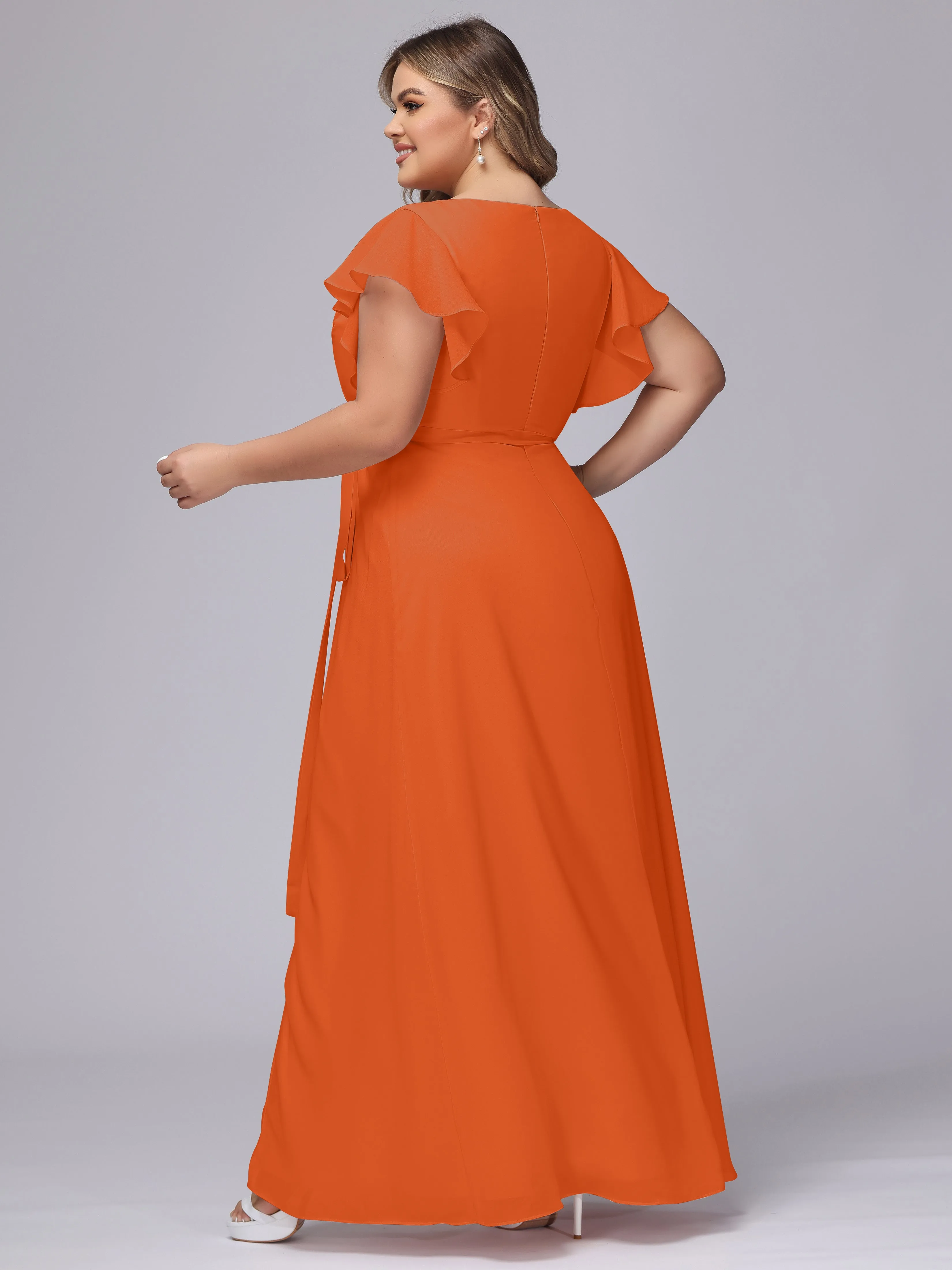 Simple V-neck Ruffled Sleeves Plus Size Chiffon Bridesmaid Dress