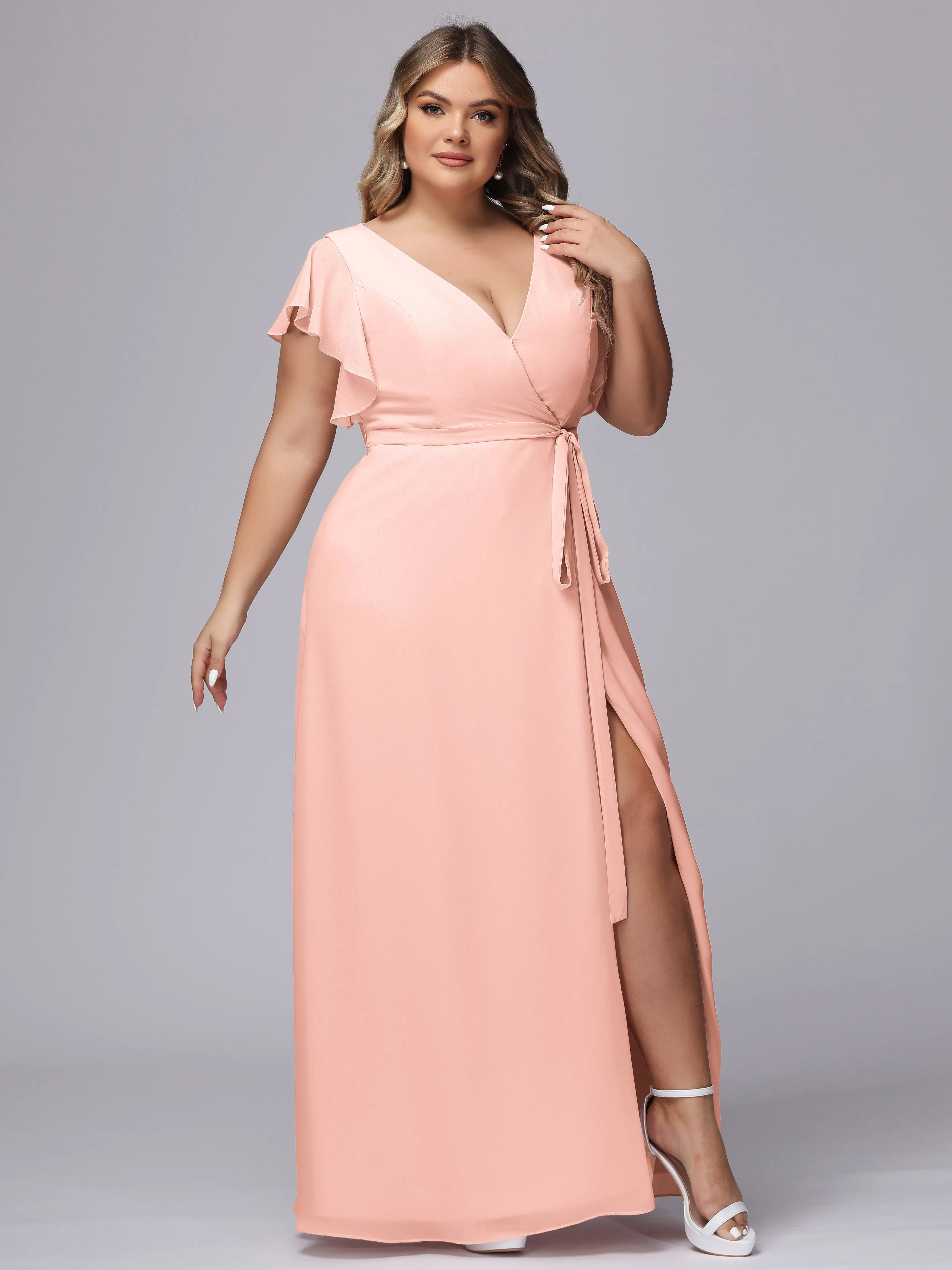 Simple V-neck Ruffled Sleeves Plus Size Chiffon Bridesmaid Dress