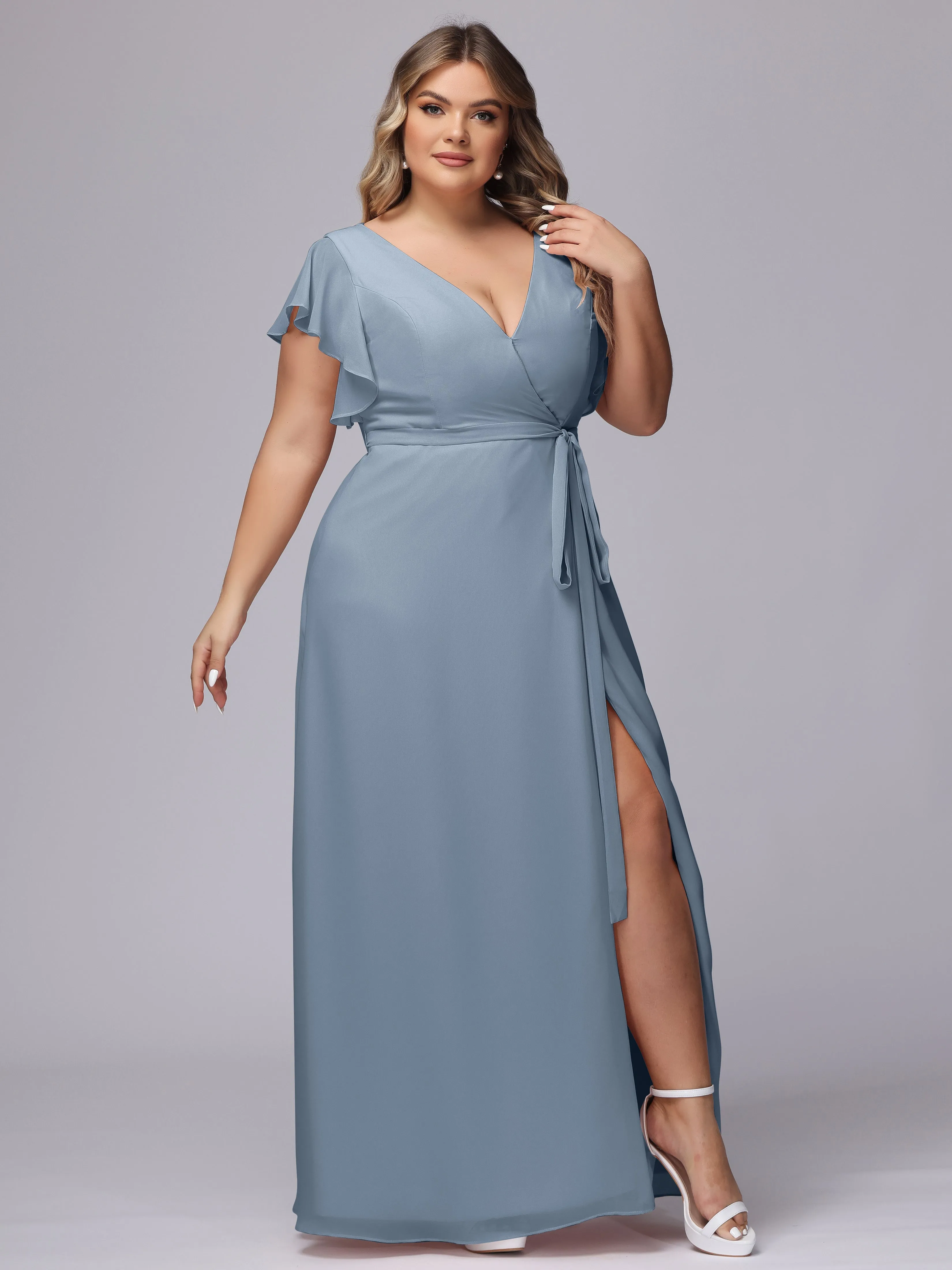 Simple V-neck Ruffled Sleeves Plus Size Chiffon Bridesmaid Dress