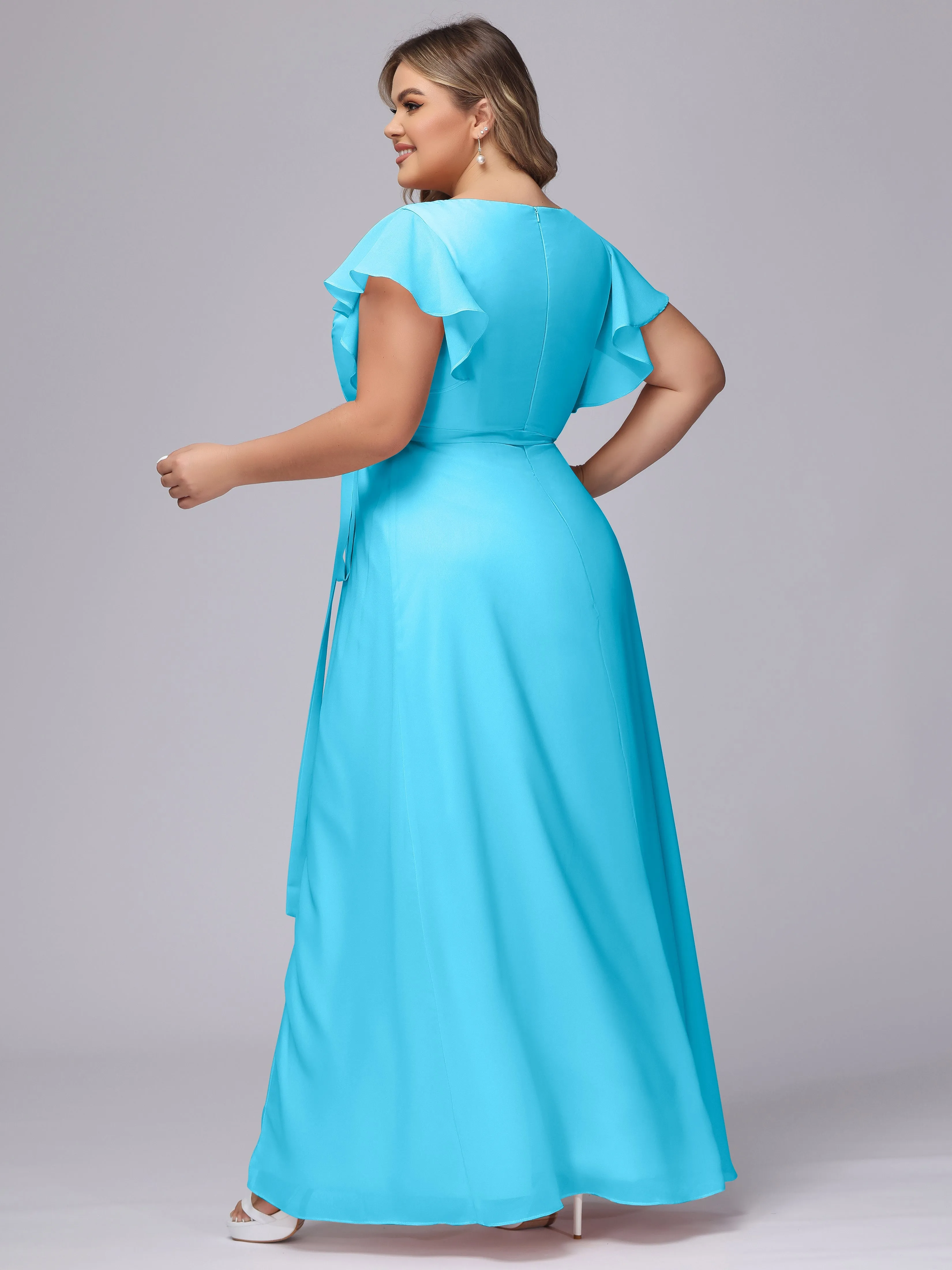 Simple V-neck Ruffled Sleeves Plus Size Chiffon Bridesmaid Dress
