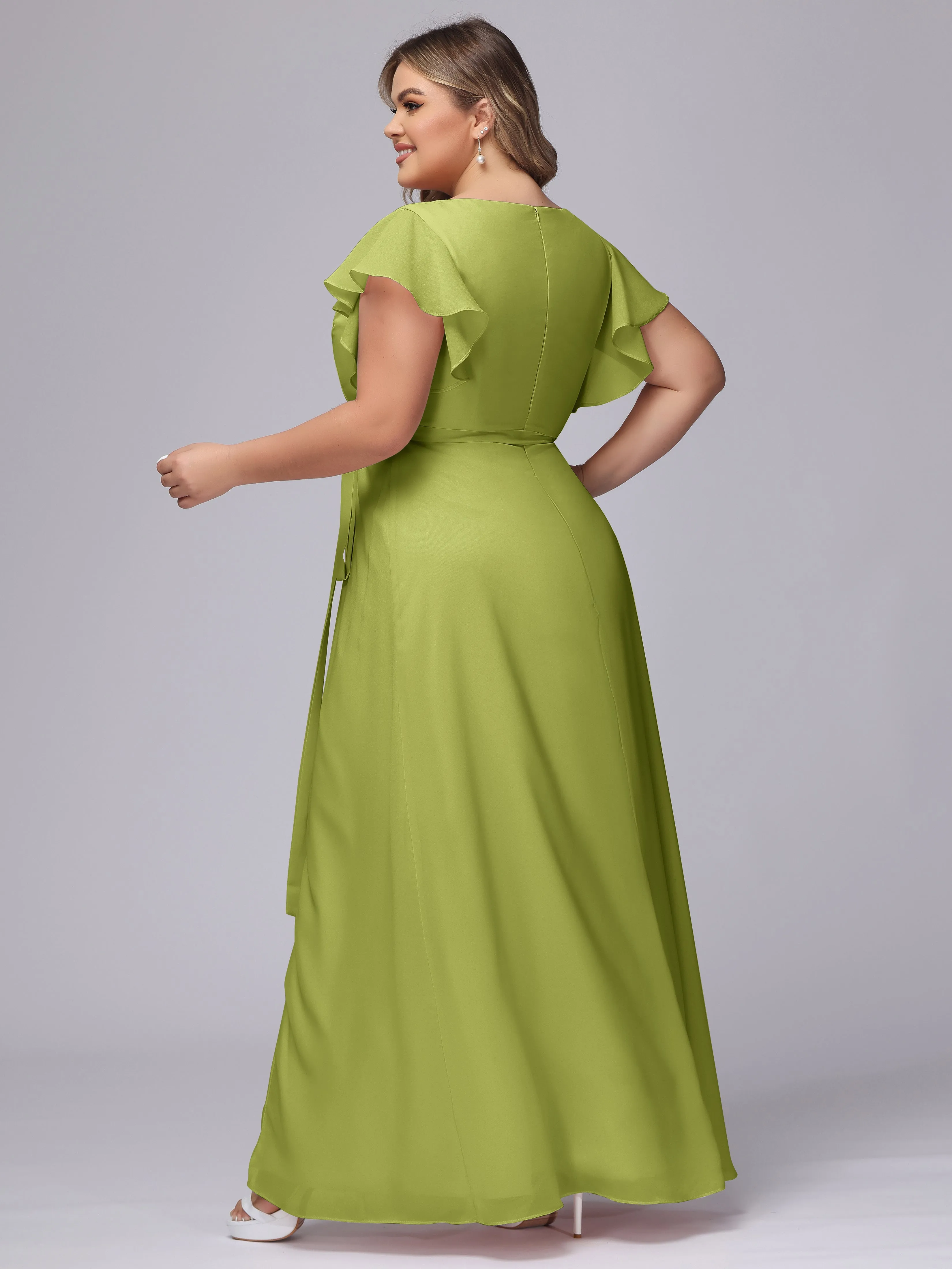 Simple V-neck Ruffled Sleeves Plus Size Chiffon Bridesmaid Dress