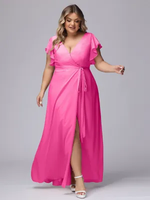 Simple V-neck Ruffled Sleeves Plus Size Chiffon Bridesmaid Dress