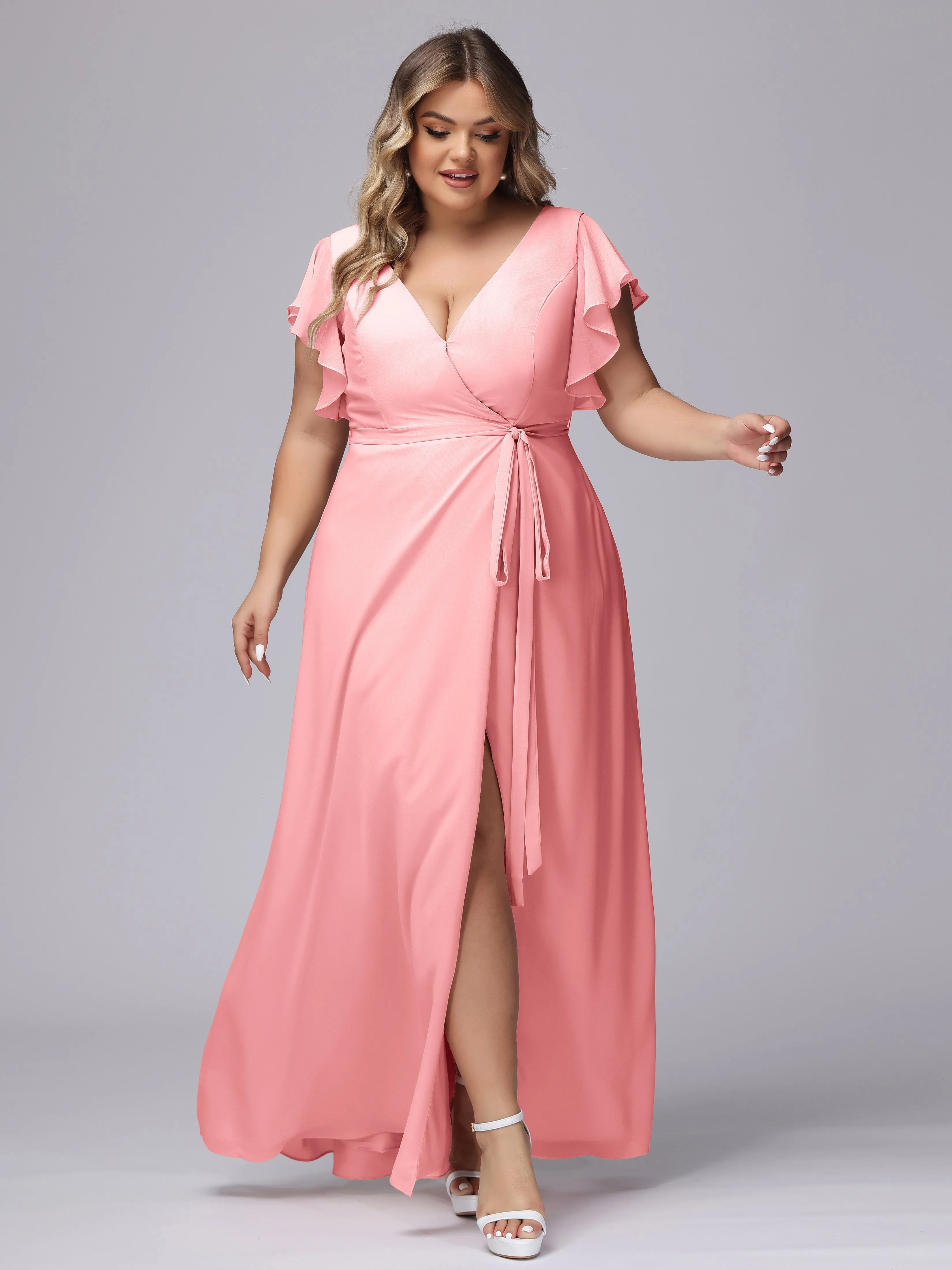 Simple V-neck Ruffled Sleeves Plus Size Chiffon Bridesmaid Dress