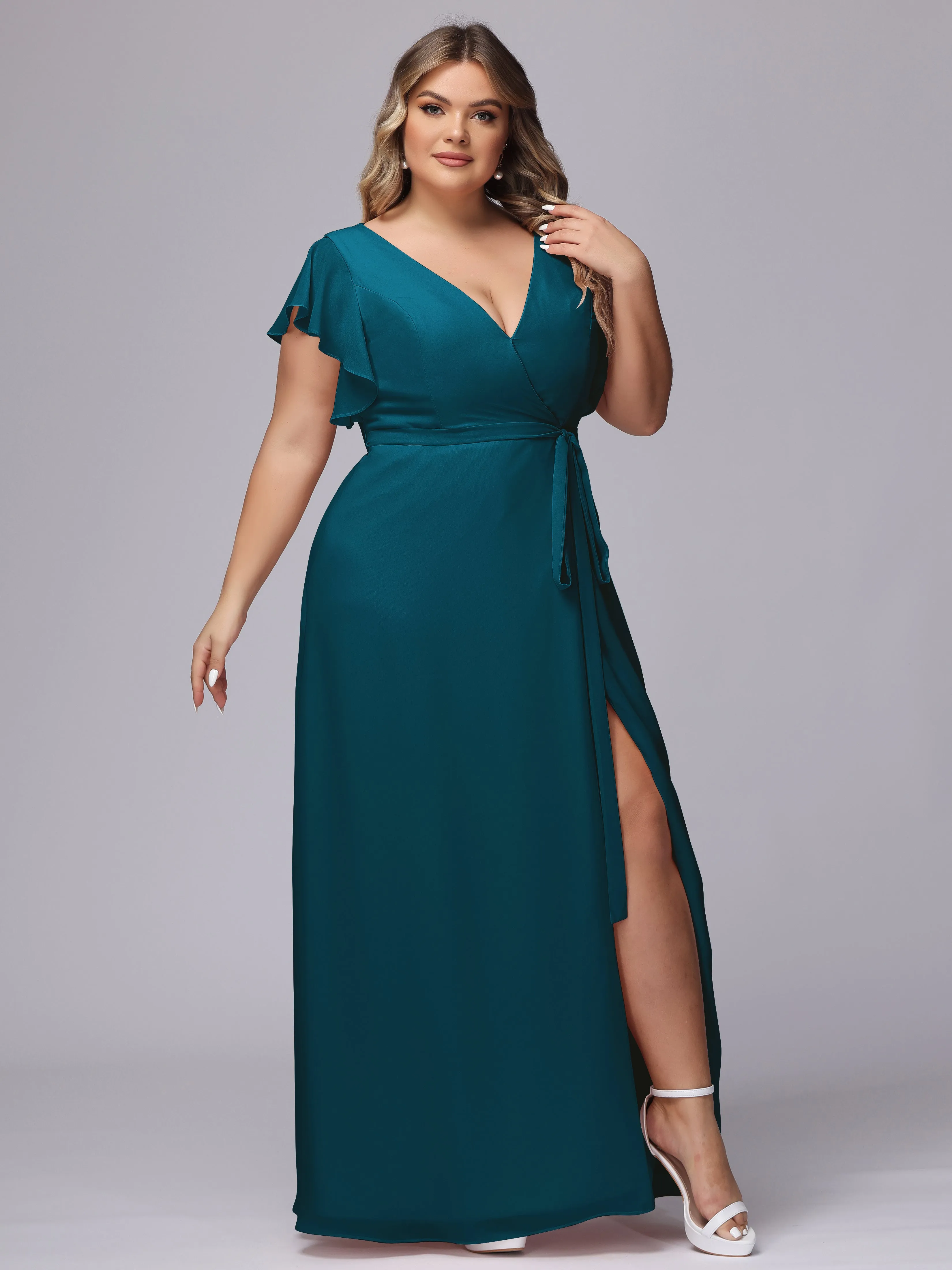 Simple V-neck Ruffled Sleeves Plus Size Chiffon Bridesmaid Dress