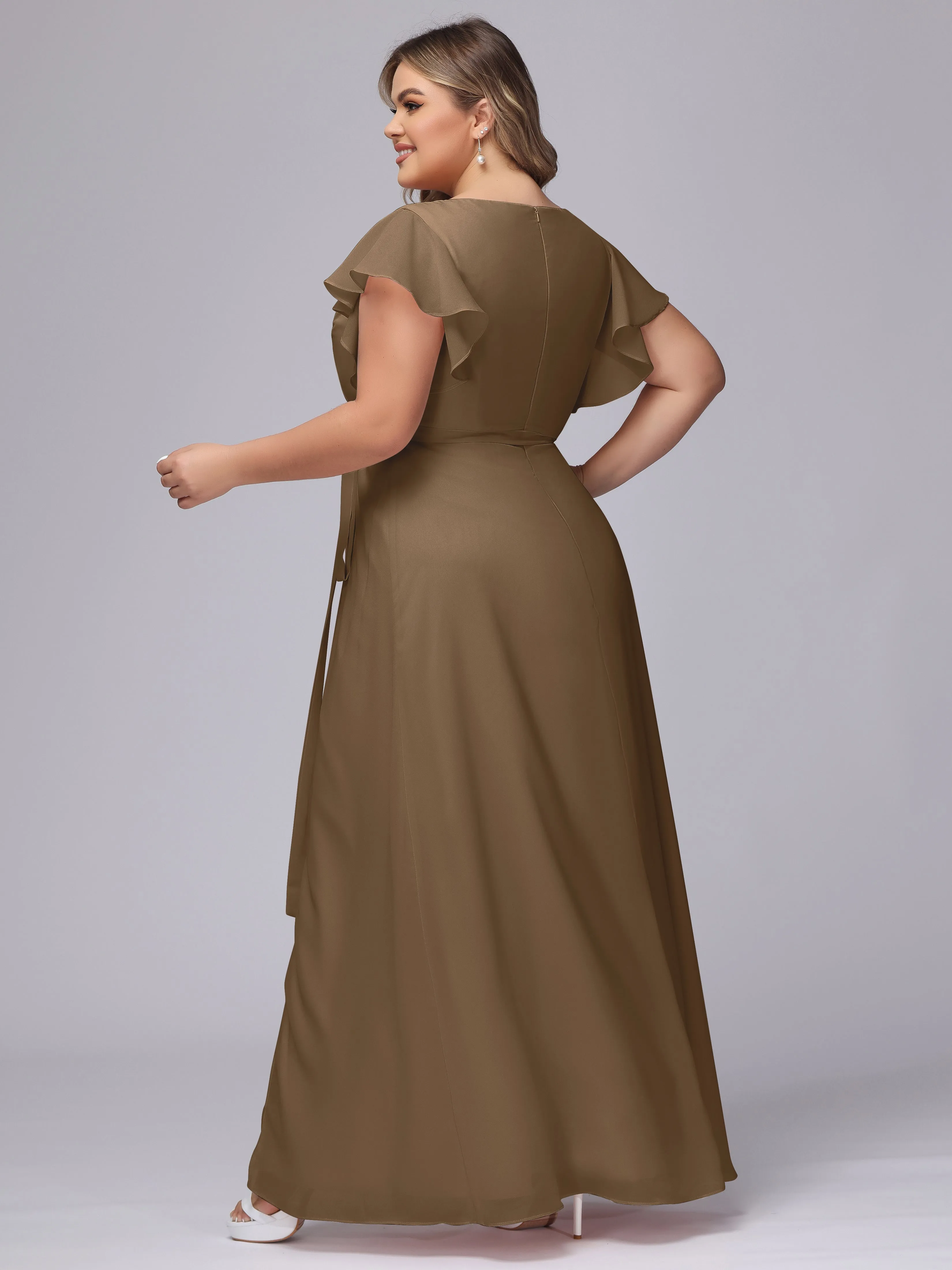 Simple V-neck Ruffled Sleeves Plus Size Chiffon Bridesmaid Dress