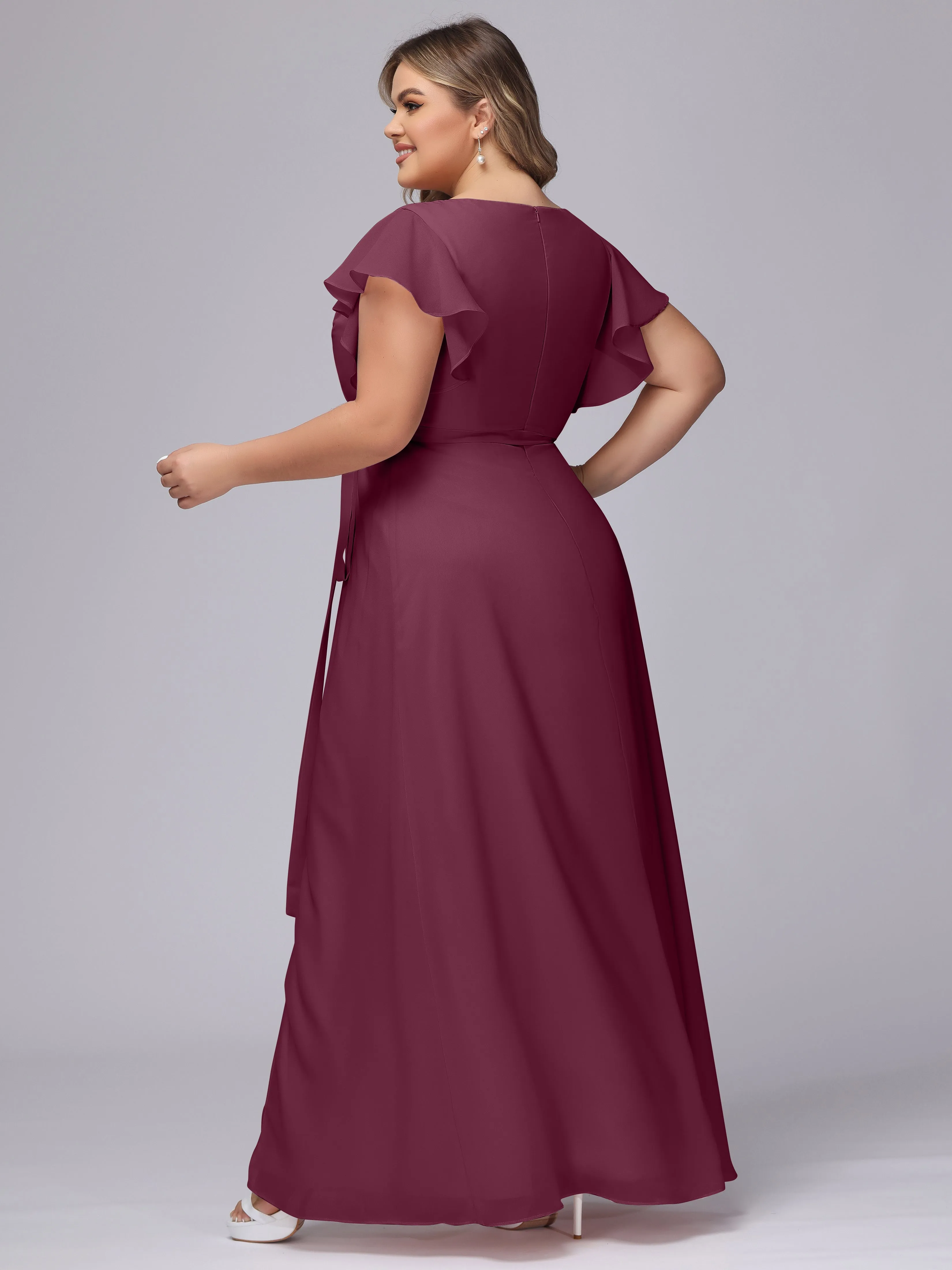 Simple V-neck Ruffled Sleeves Plus Size Chiffon Bridesmaid Dress