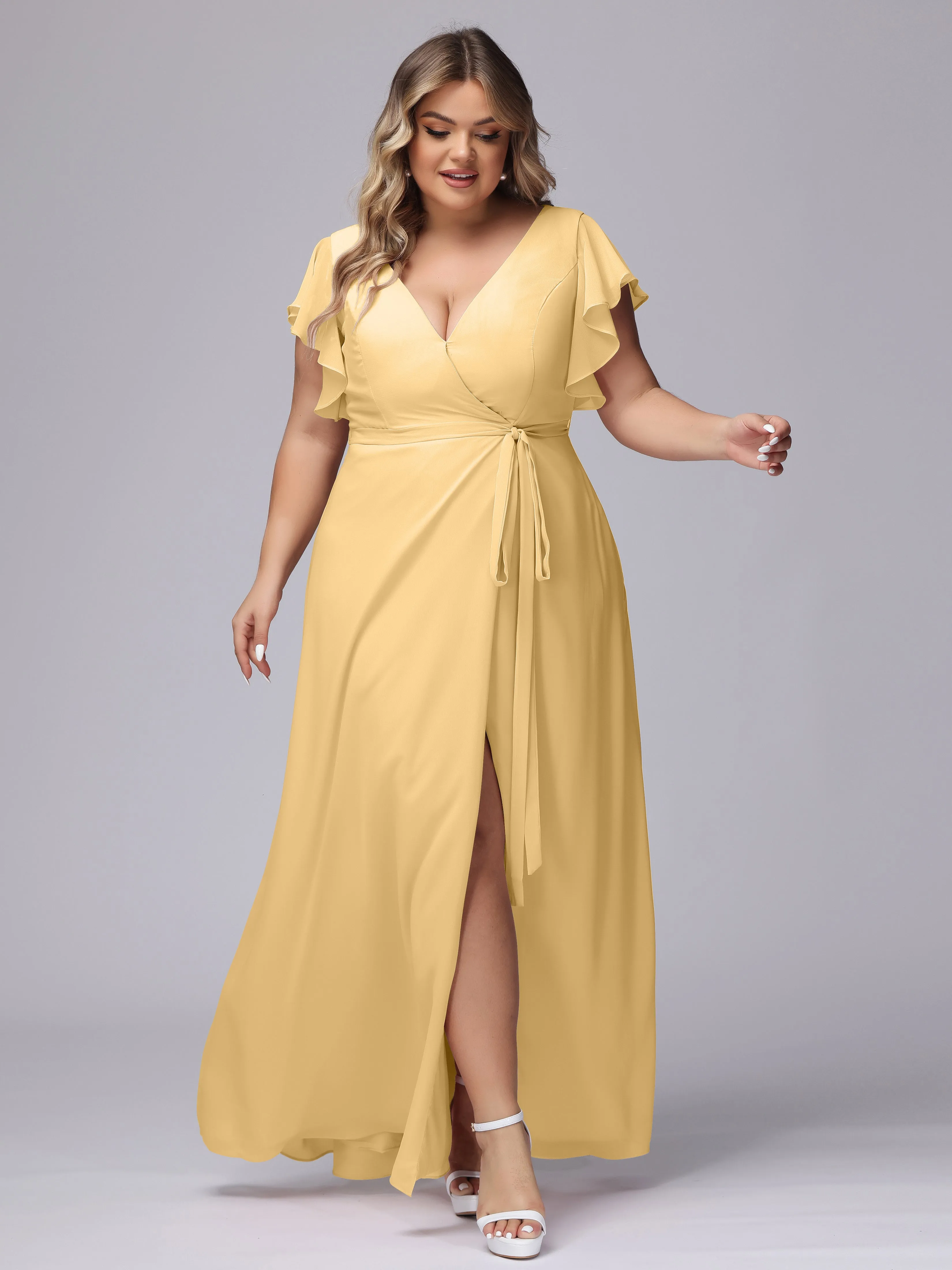 Simple V-neck Ruffled Sleeves Plus Size Chiffon Bridesmaid Dress