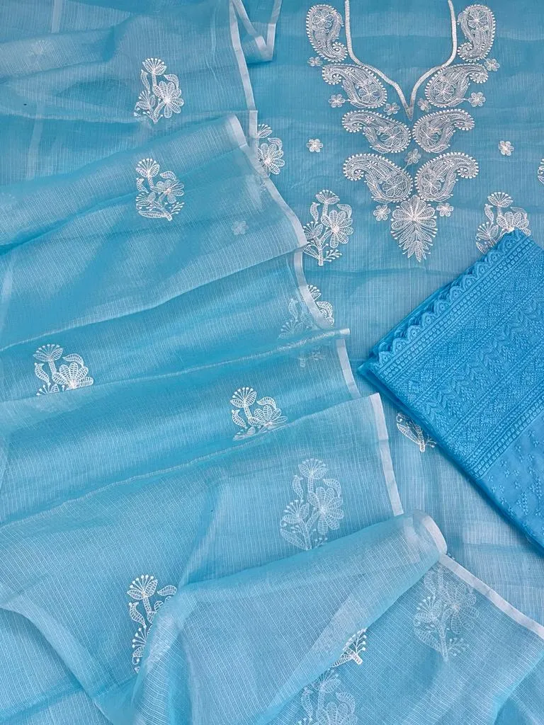Sky Blue Embroided Cotton Kota Doria Suit With Dupatta
