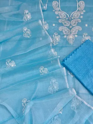 Sky Blue Embroided Cotton Kota Doria Suit With Dupatta