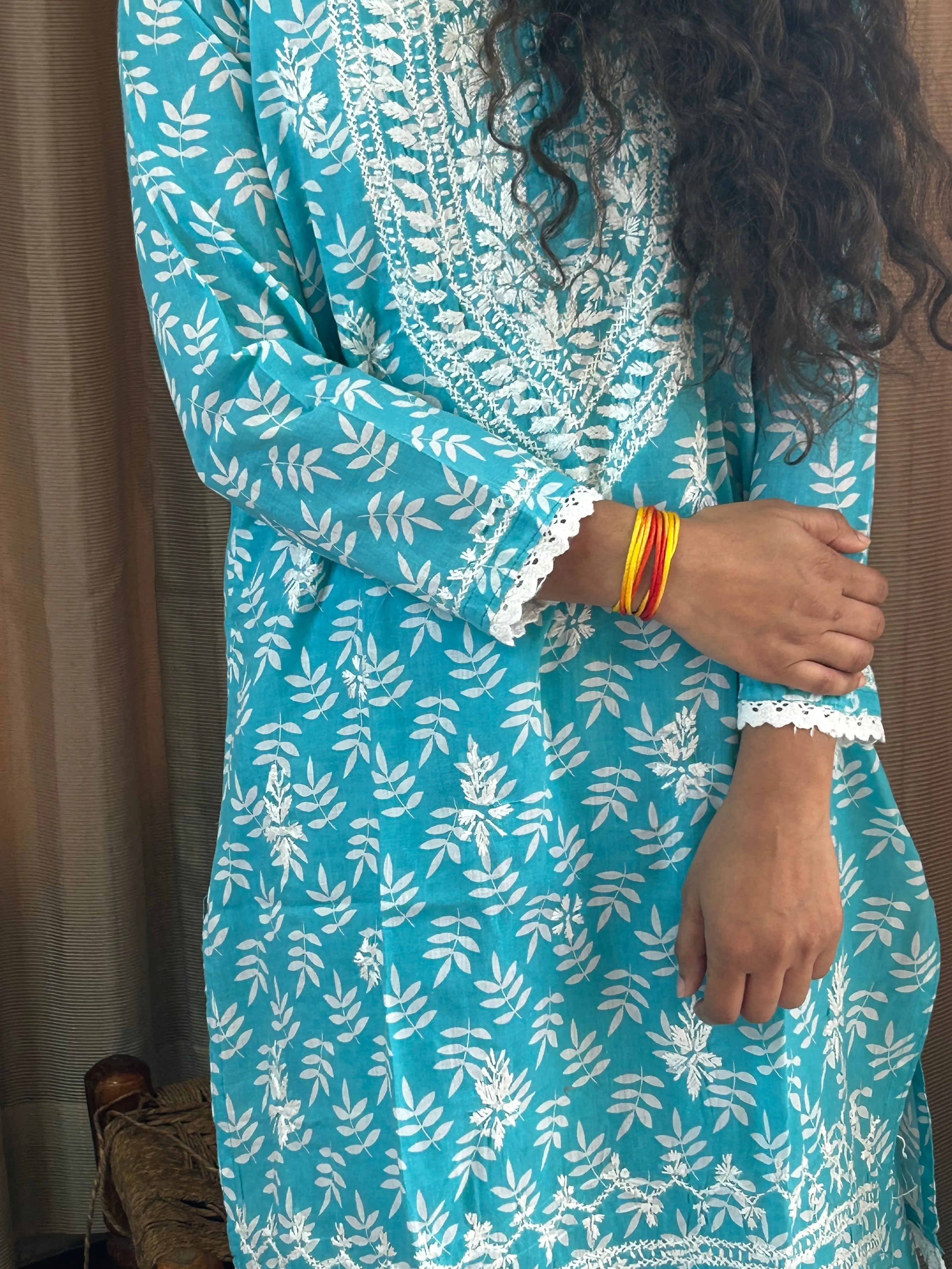 Sky Blue Floral Lucknowi Cotton Chikankari Sharara Set