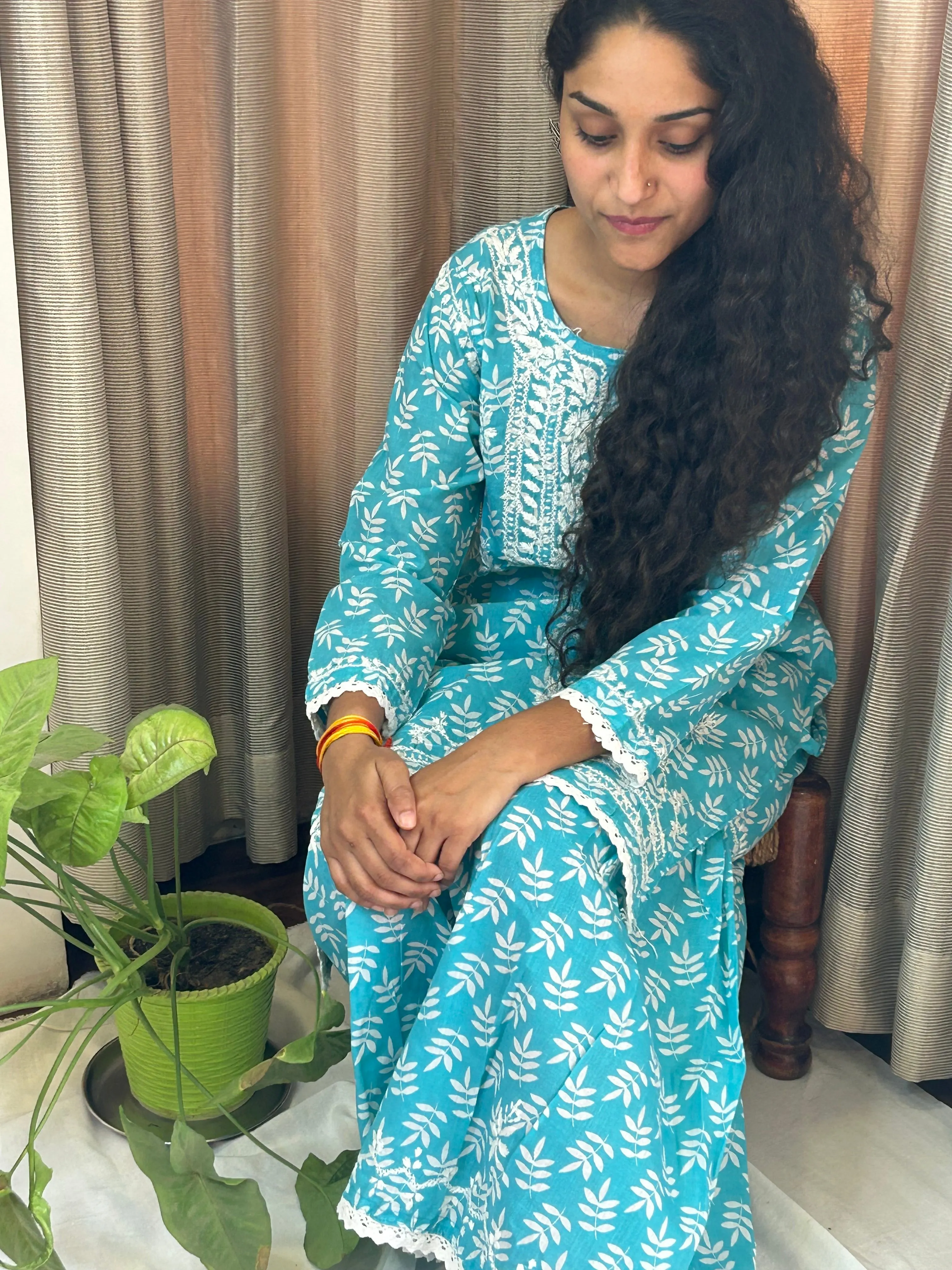 Sky Blue Floral Lucknowi Cotton Chikankari Sharara Set