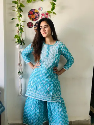 Sky Blue Floral Lucknowi Cotton Chikankari Sharara Set